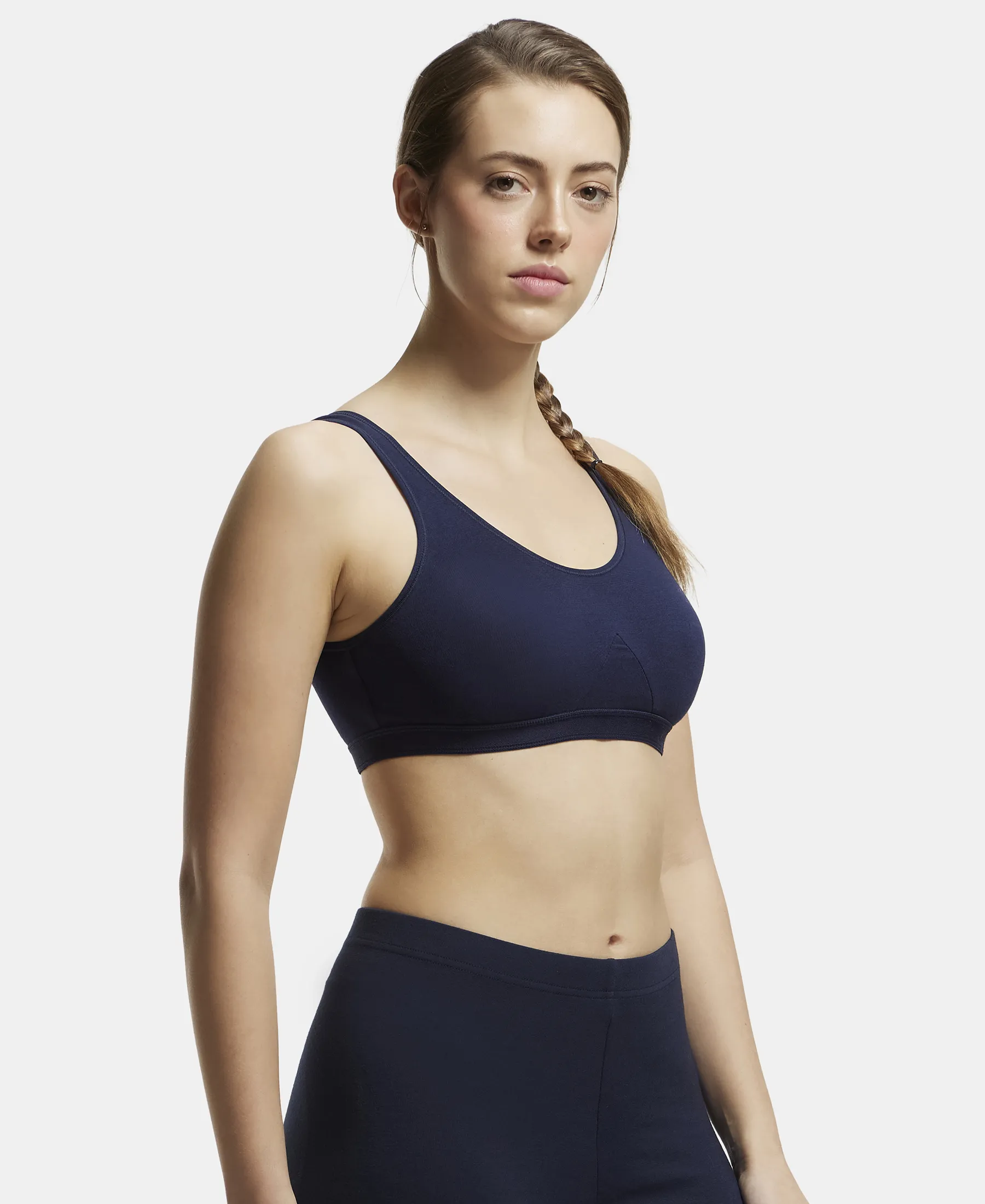 Wirefree Non Padded Super Combed Cotton Elastane Stretch Full Coverage Slip-On Active Bra with Wider Straps and Moisture Move Treatment - Navy Blazer - Image 6
