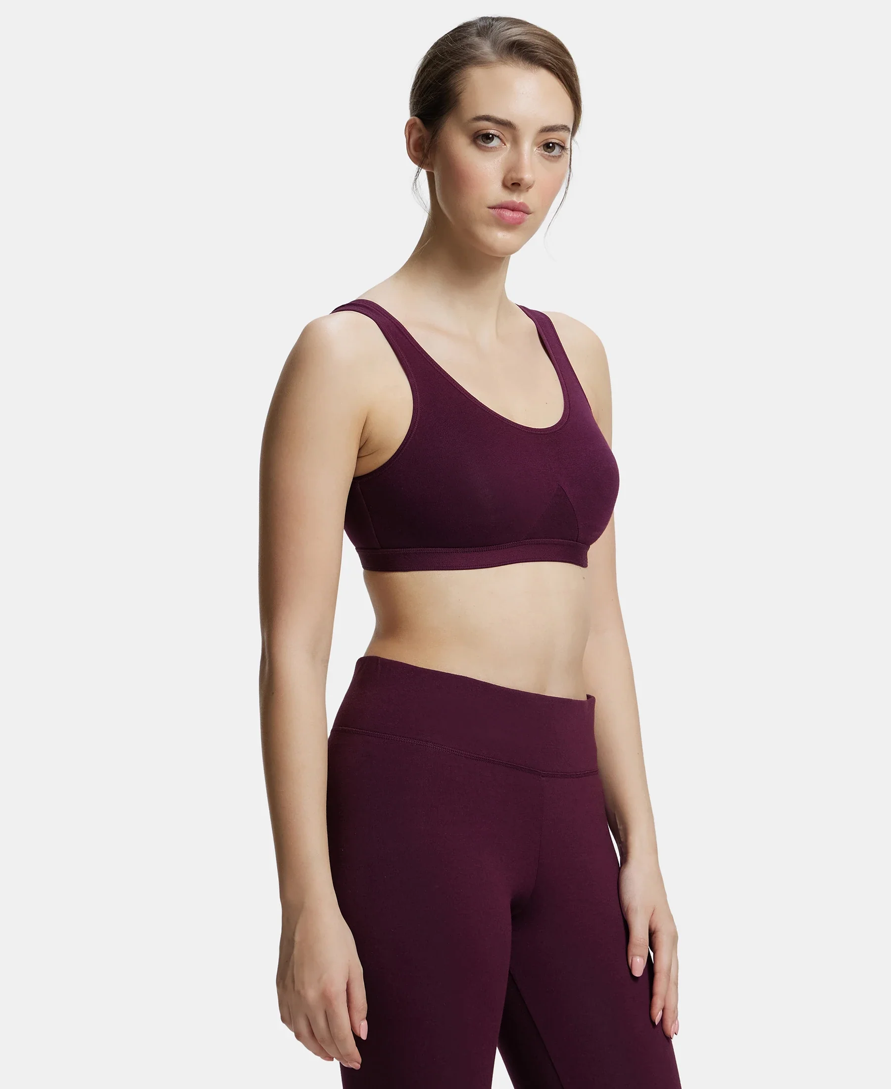 Wirefree Non Padded Super Combed Cotton Elastane Stretch Full Coverage Slip-On Active Bra with Wider Straps and Moisture Move Treatment - Wine Tasting - Image 6