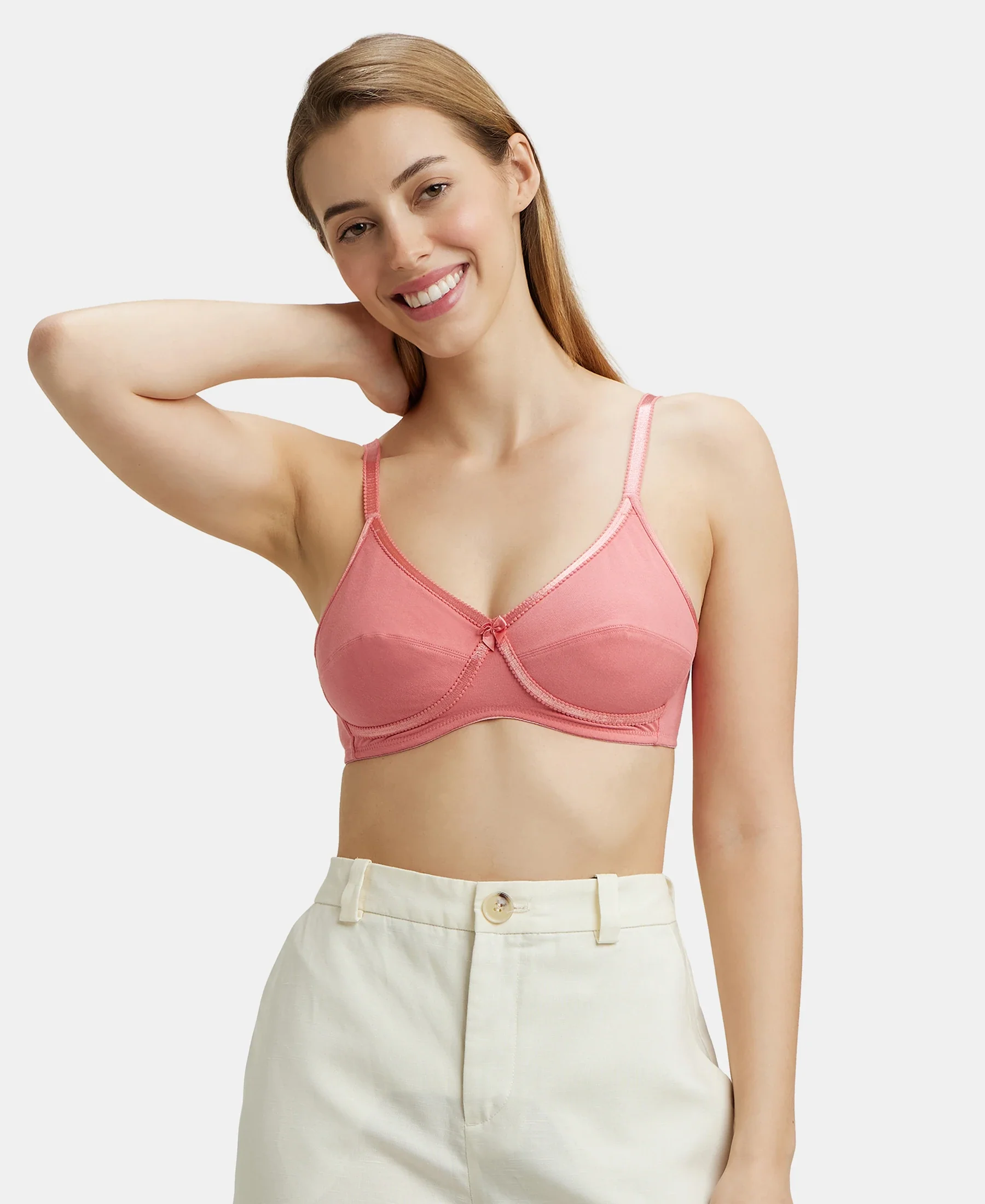 Wirefree Non Padded Super Combed Cotton Elastane Stretch Medium Coverage Cross Over Everyday Bra - Blush Pink - Image 5