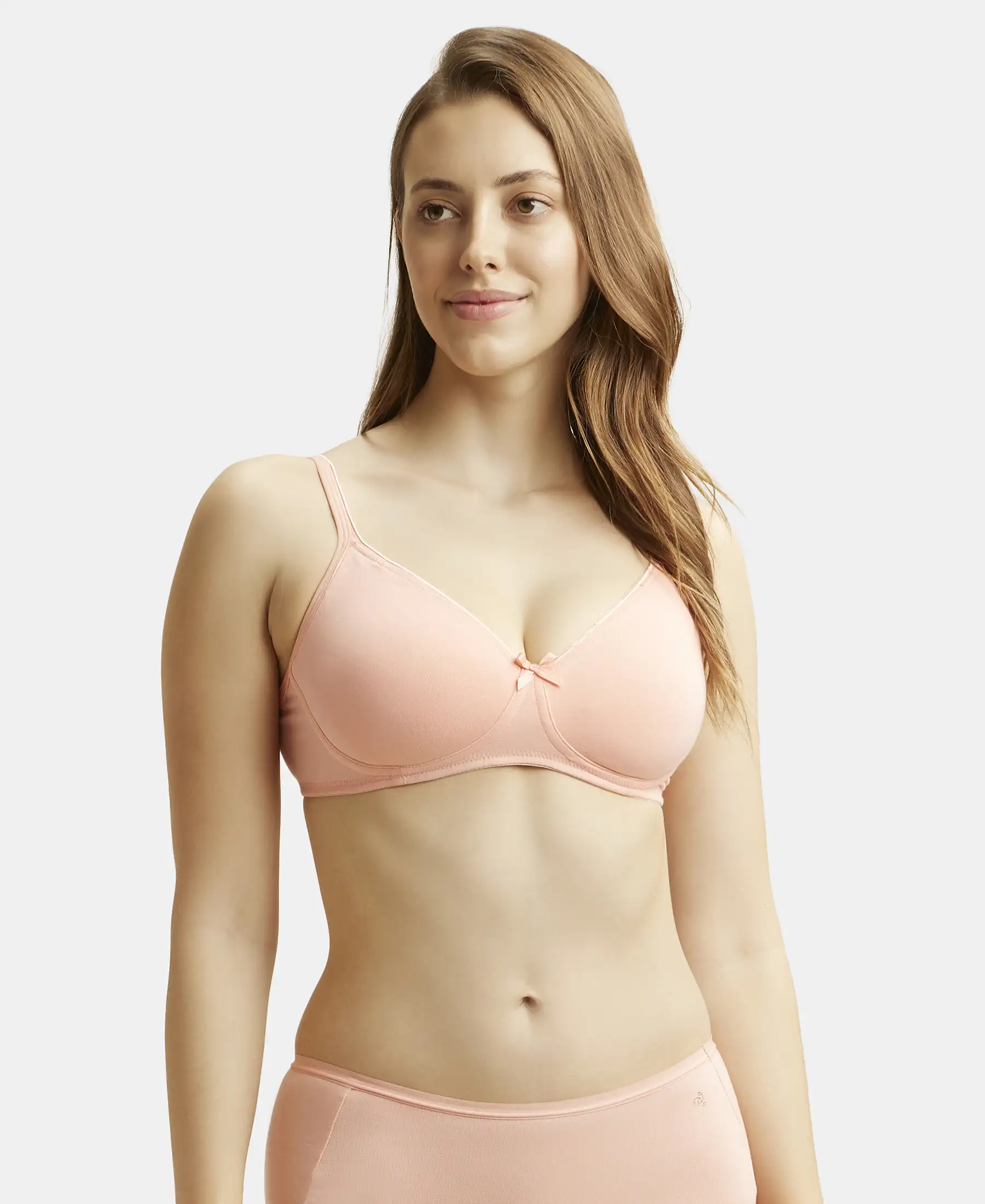 Wirefree Non Padded Super Combed Cotton Elastane Stretch Medium Coverage Everyday Bra with Concealed Shaper Panel - Candlelight Peach