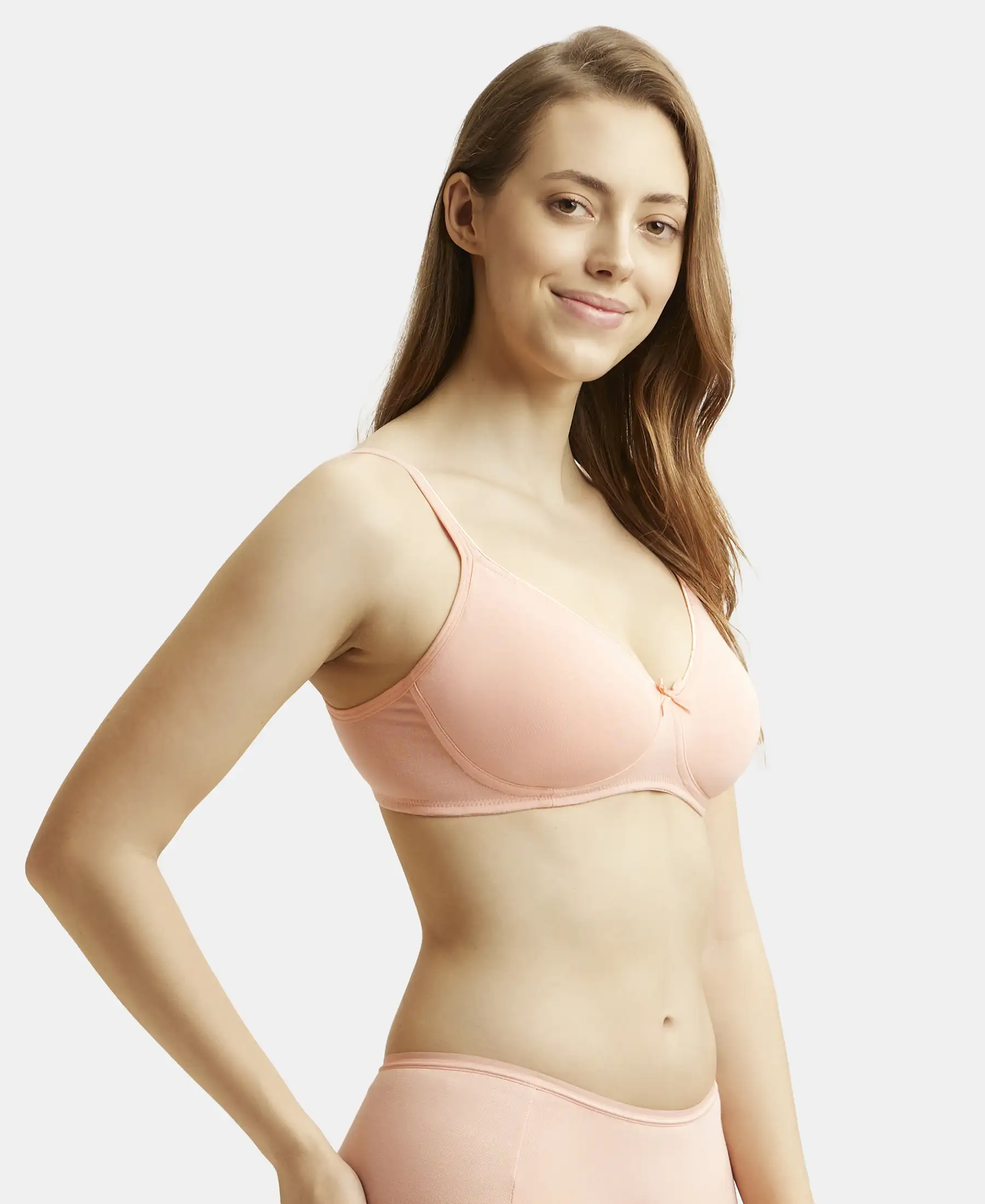 Wirefree Non Padded Super Combed Cotton Elastane Stretch Medium Coverage Everyday Bra with Concealed Shaper Panel - Candlelight Peach - Image 2