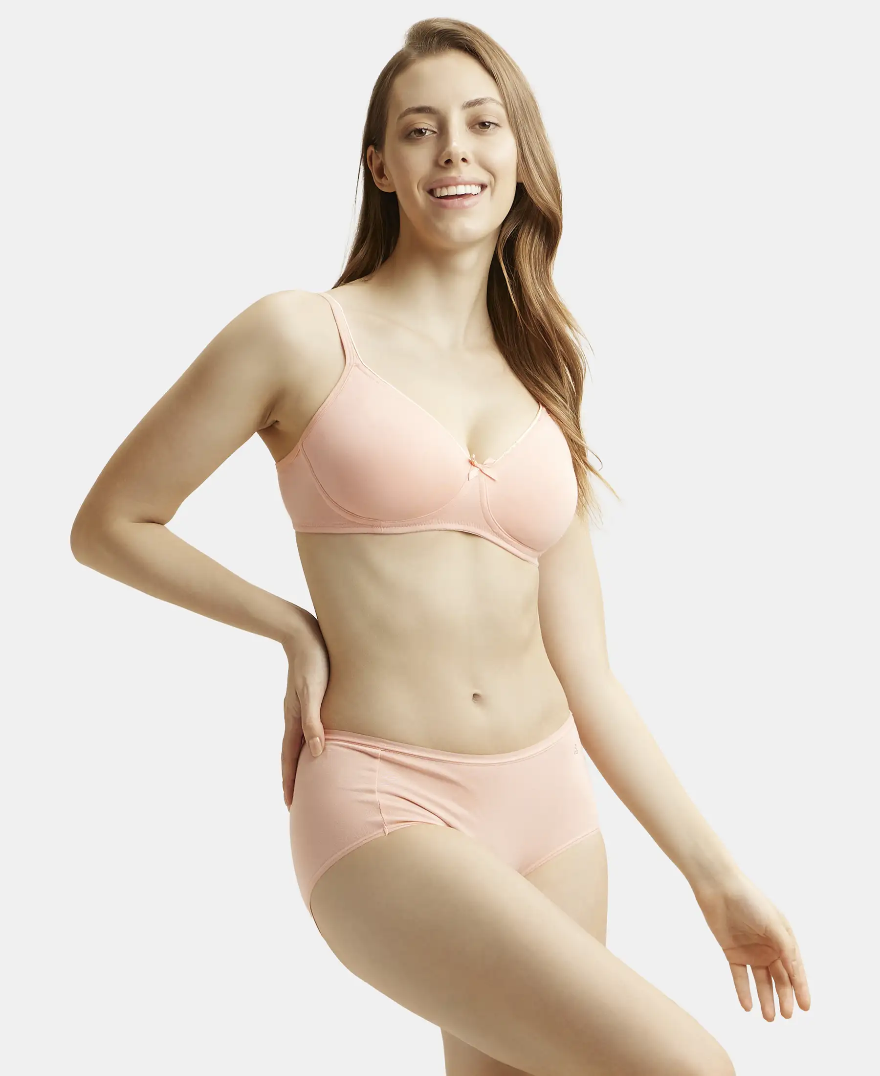 Wirefree Non Padded Super Combed Cotton Elastane Stretch Medium Coverage Everyday Bra with Concealed Shaper Panel - Candlelight Peach - Image 6