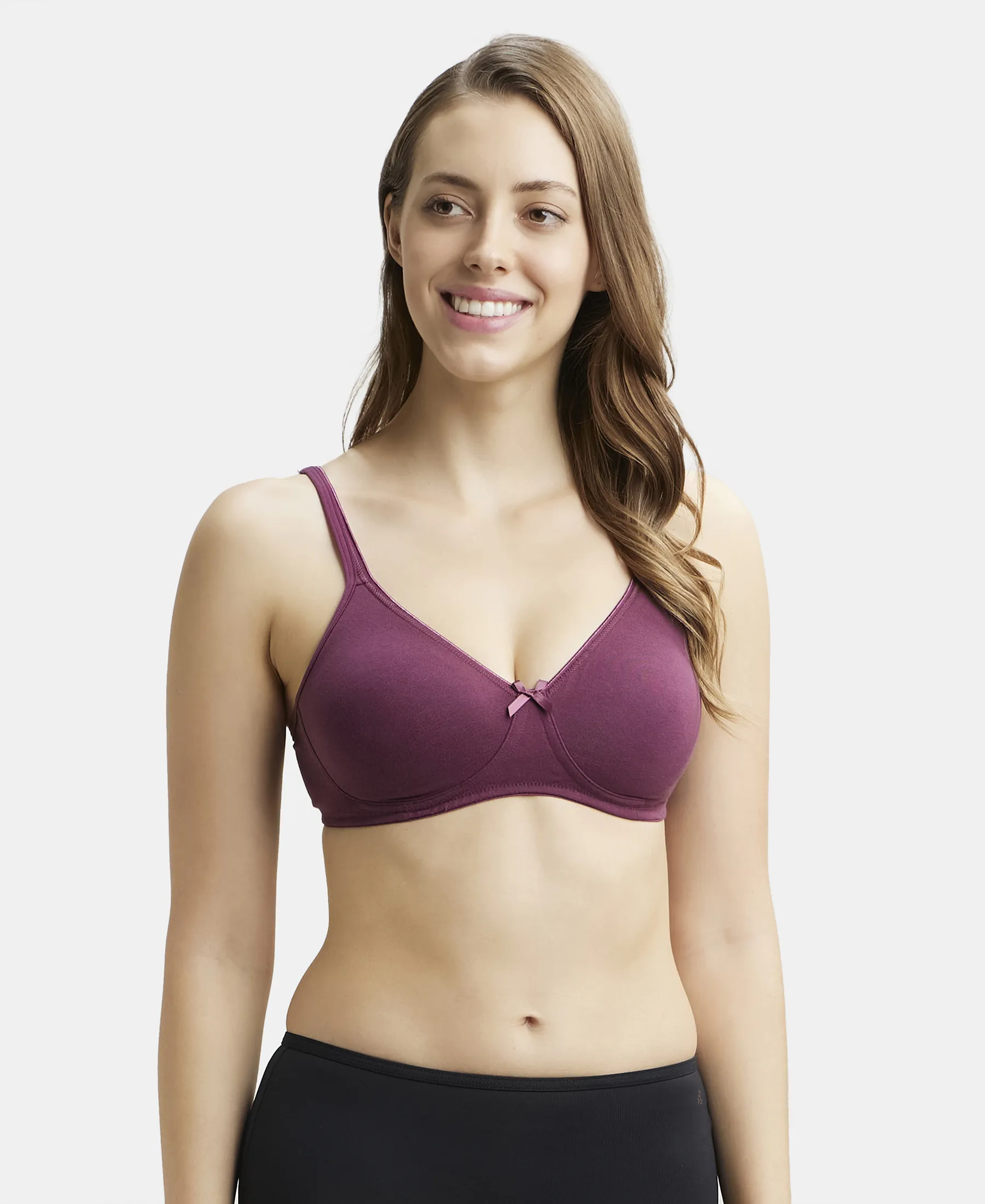 Wirefree Non Padded Super Combed Cotton Elastane Stretch Medium Coverage Everyday Bra with Concealed Shaper Panel - Prune