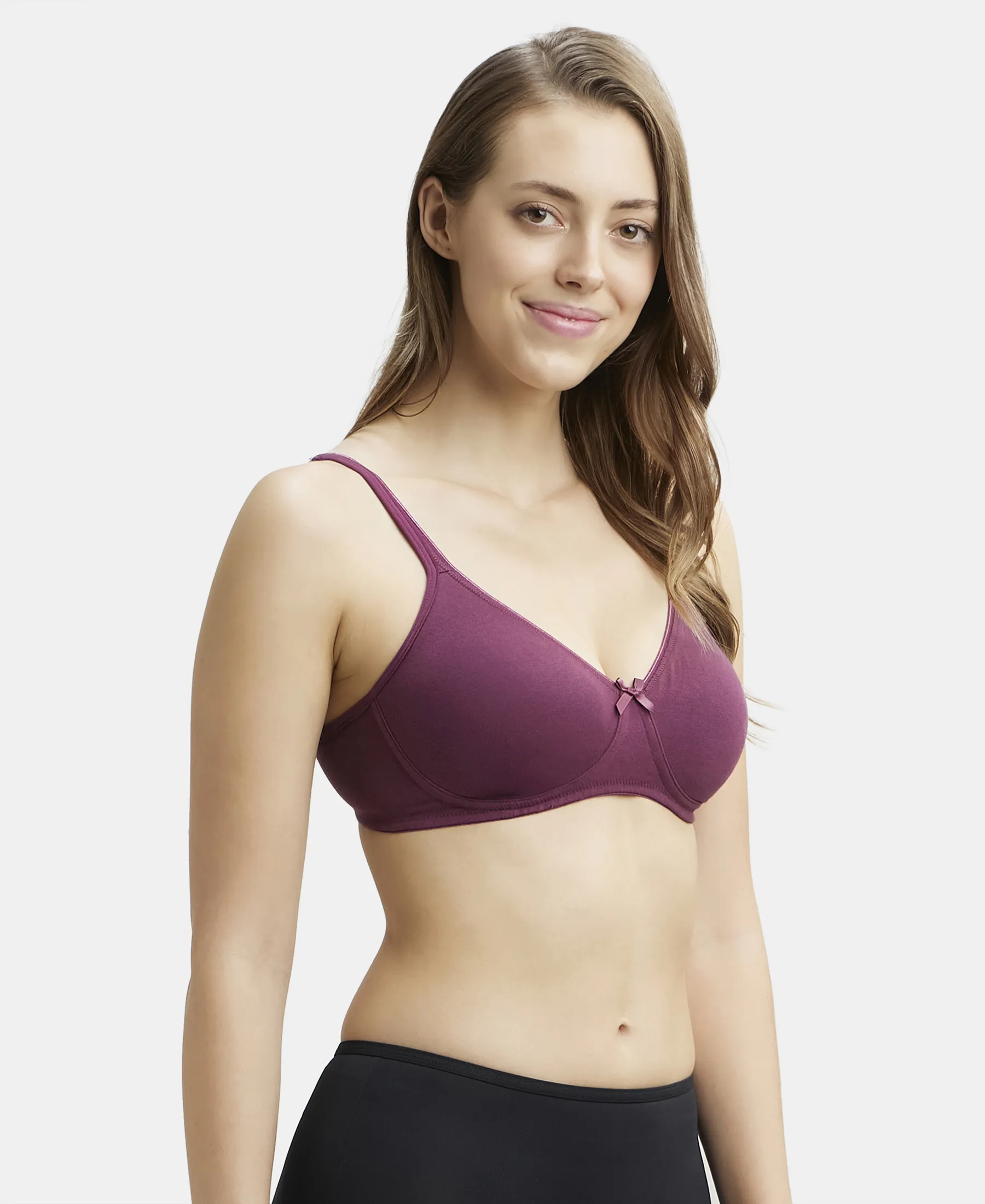 Wirefree Non Padded Super Combed Cotton Elastane Stretch Medium Coverage Everyday Bra with Concealed Shaper Panel - Prune - Image 2