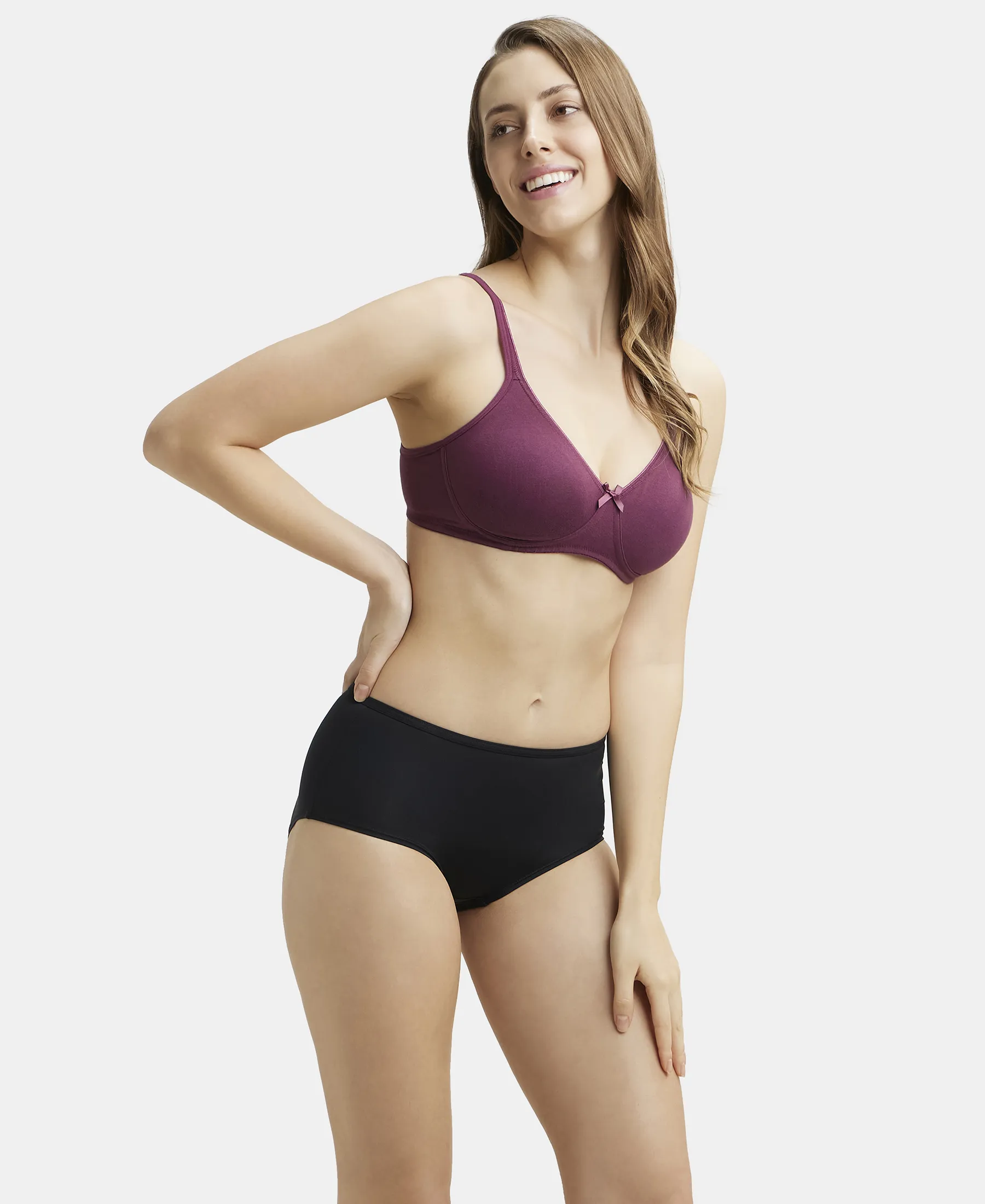Wirefree Non Padded Super Combed Cotton Elastane Stretch Medium Coverage Everyday Bra with Concealed Shaper Panel - Prune - Image 6