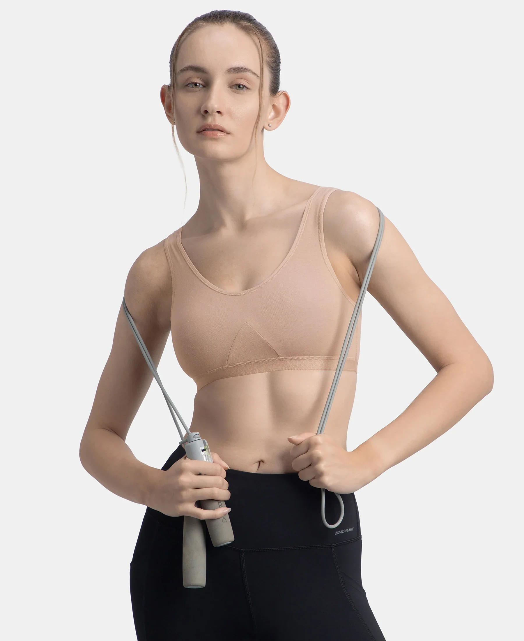 Wirefree Non Padded Super Combed Cotton Elastane Stretch Full Coverage Slip-On Active Bra with Wider Straps and Moisture Move Treatment - Mocha - Image 5