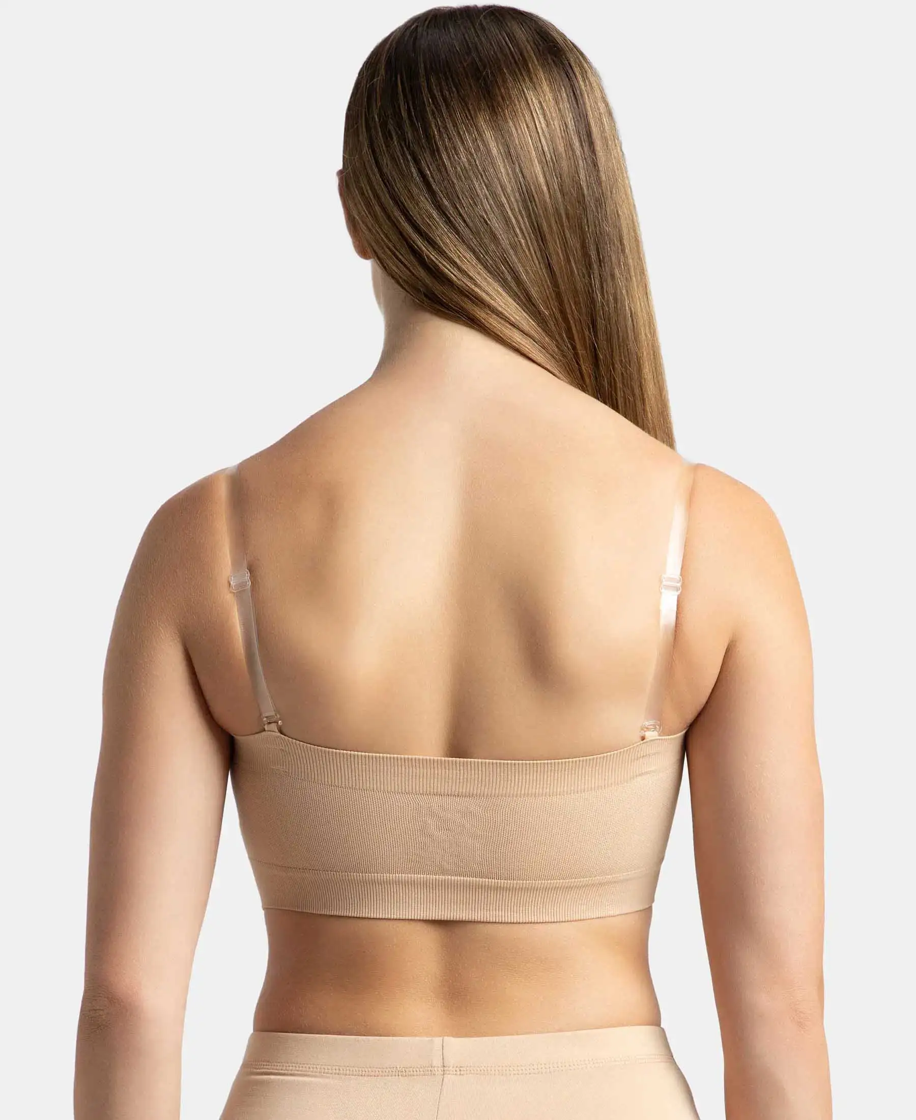 Wirefree Padded Micro Touch Nylon Elastane Stretch Bandeau Bra with Removable Pads and Detachable Transparent Straps - Light Skin - Image 3
