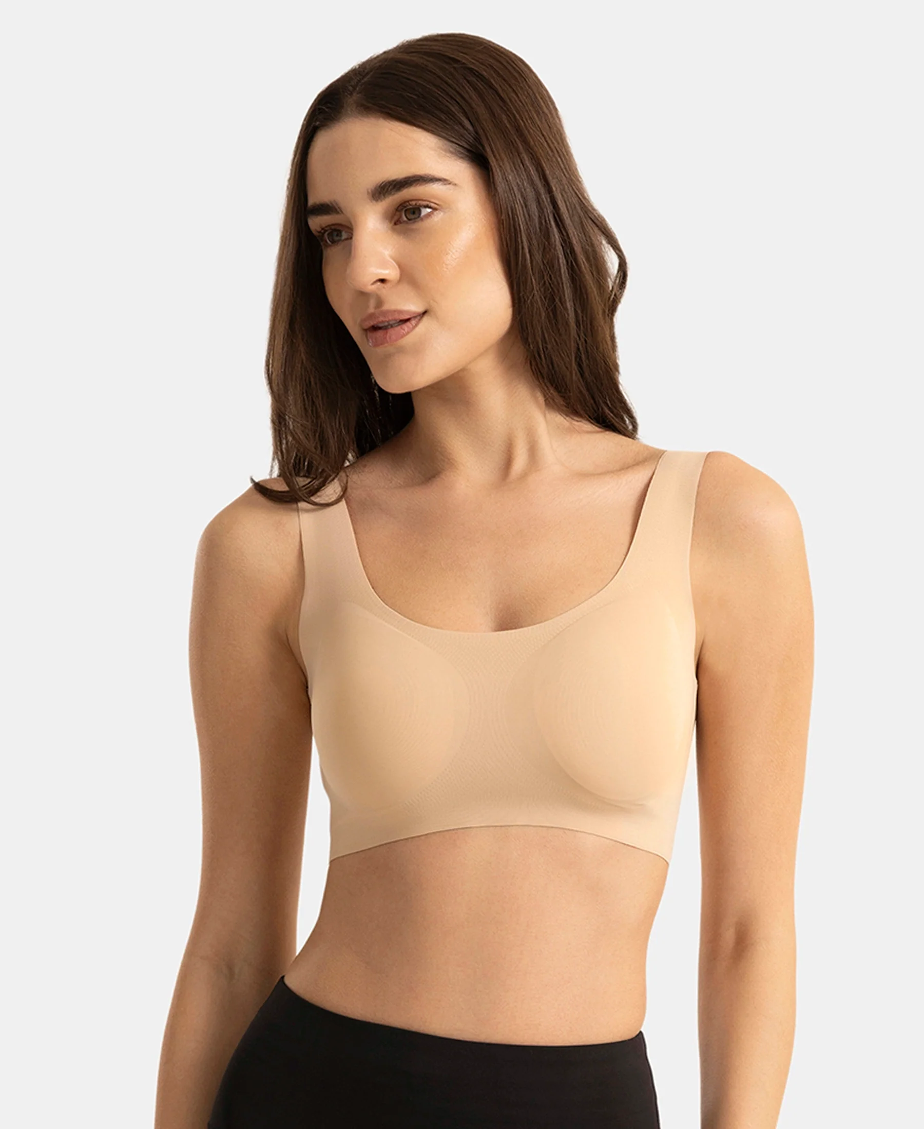 Wirefree Padded Microfiber Elastane Full Coverage Bonded Tech Lounge Bra - Skin