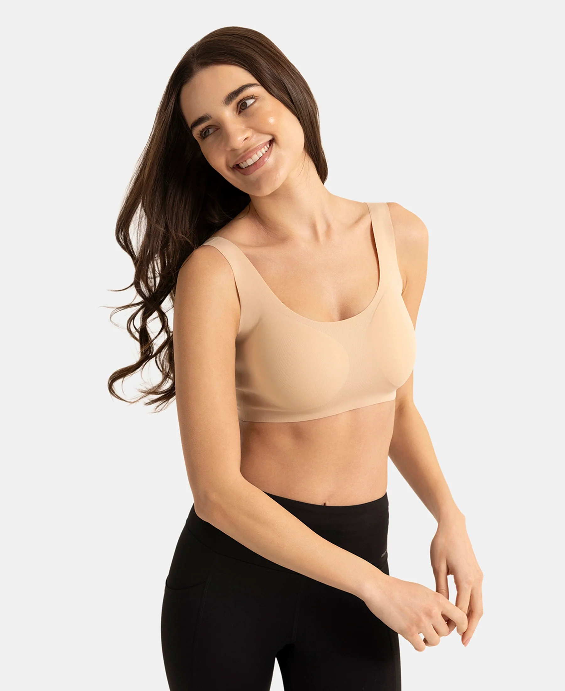 Wirefree Padded Microfiber Elastane Full Coverage Bonded Tech Lounge Bra - Skin - Image 4