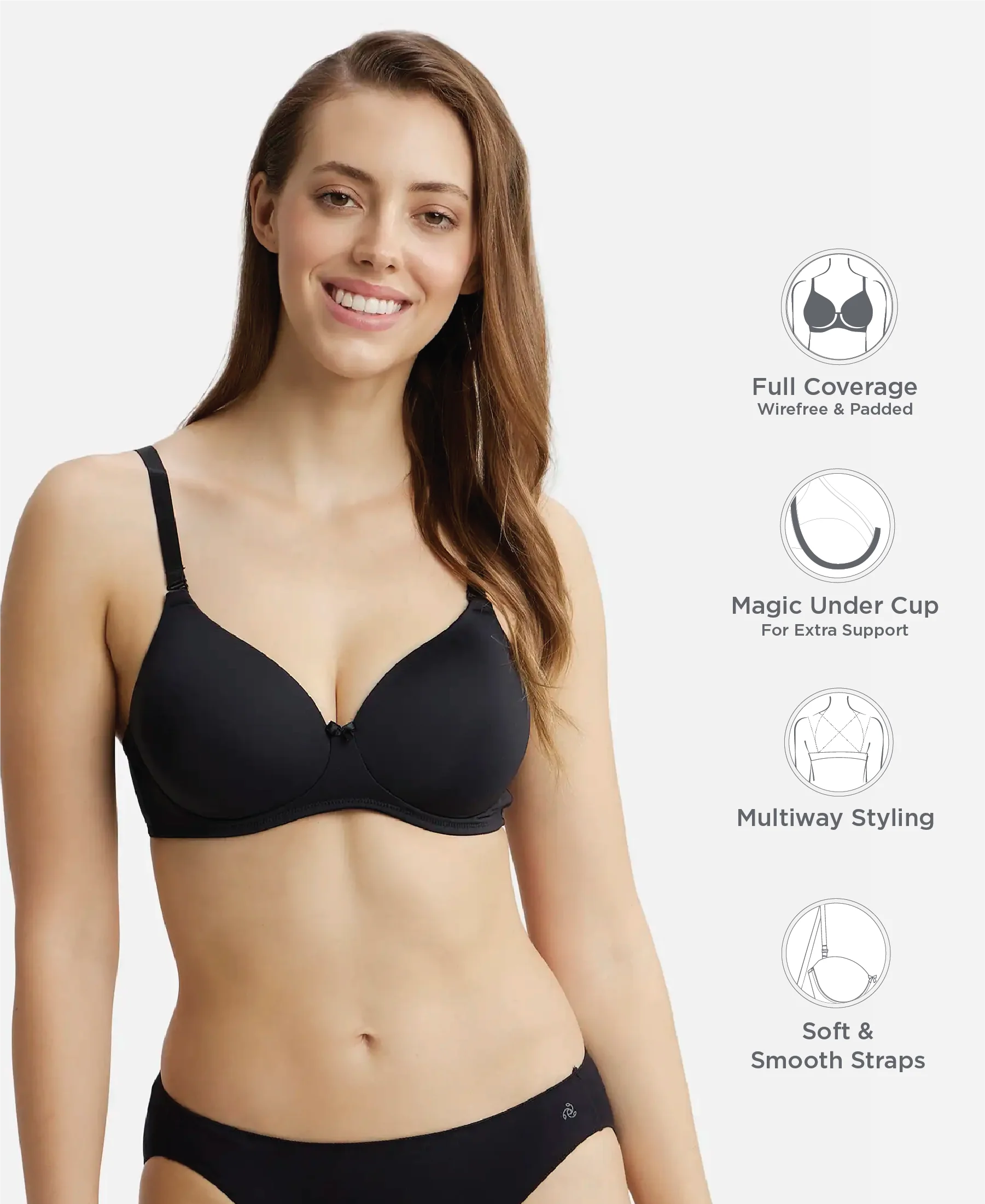 Wirefree Padded Microfiber Elastane Stretch Full Coverage T-Shirt Bra with Magic Under Cup - Black - Image 2