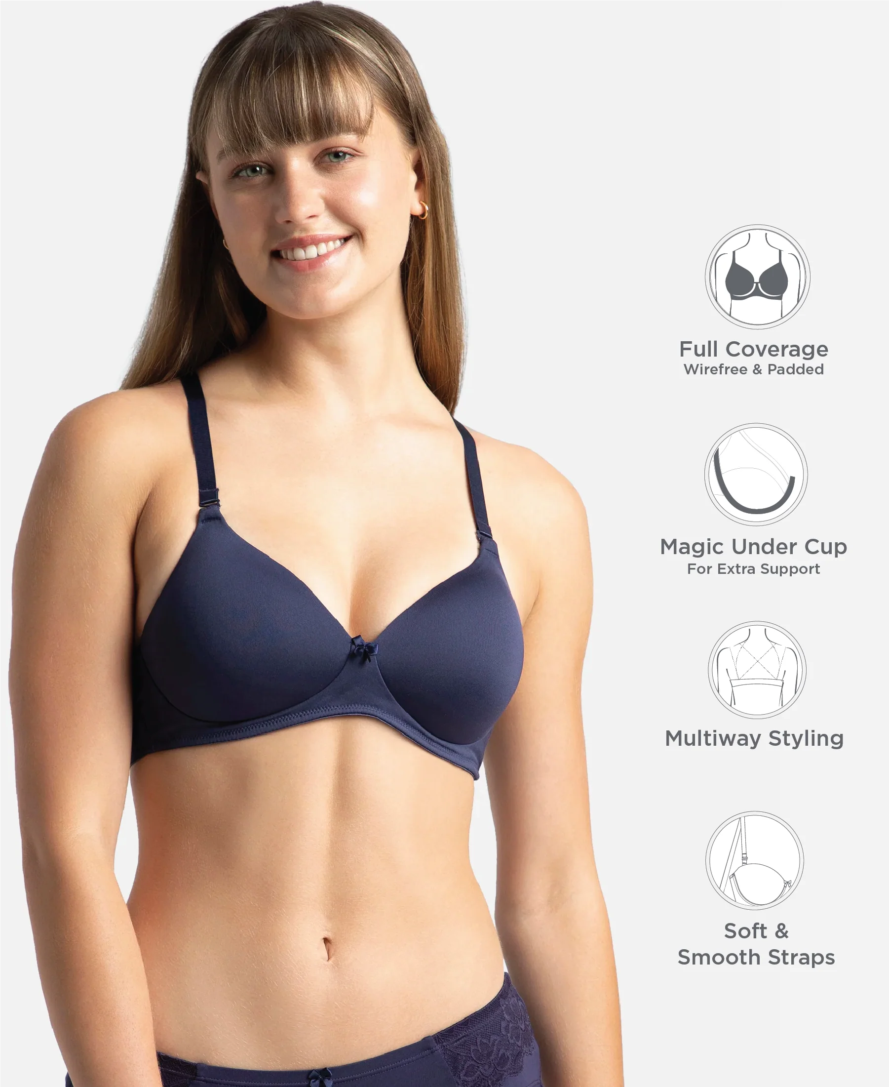 Wirefree Padded Microfiber Elastane Stretch Full Coverage T-Shirt Bra with Magic Under Cup - Classic Navy - Image 2