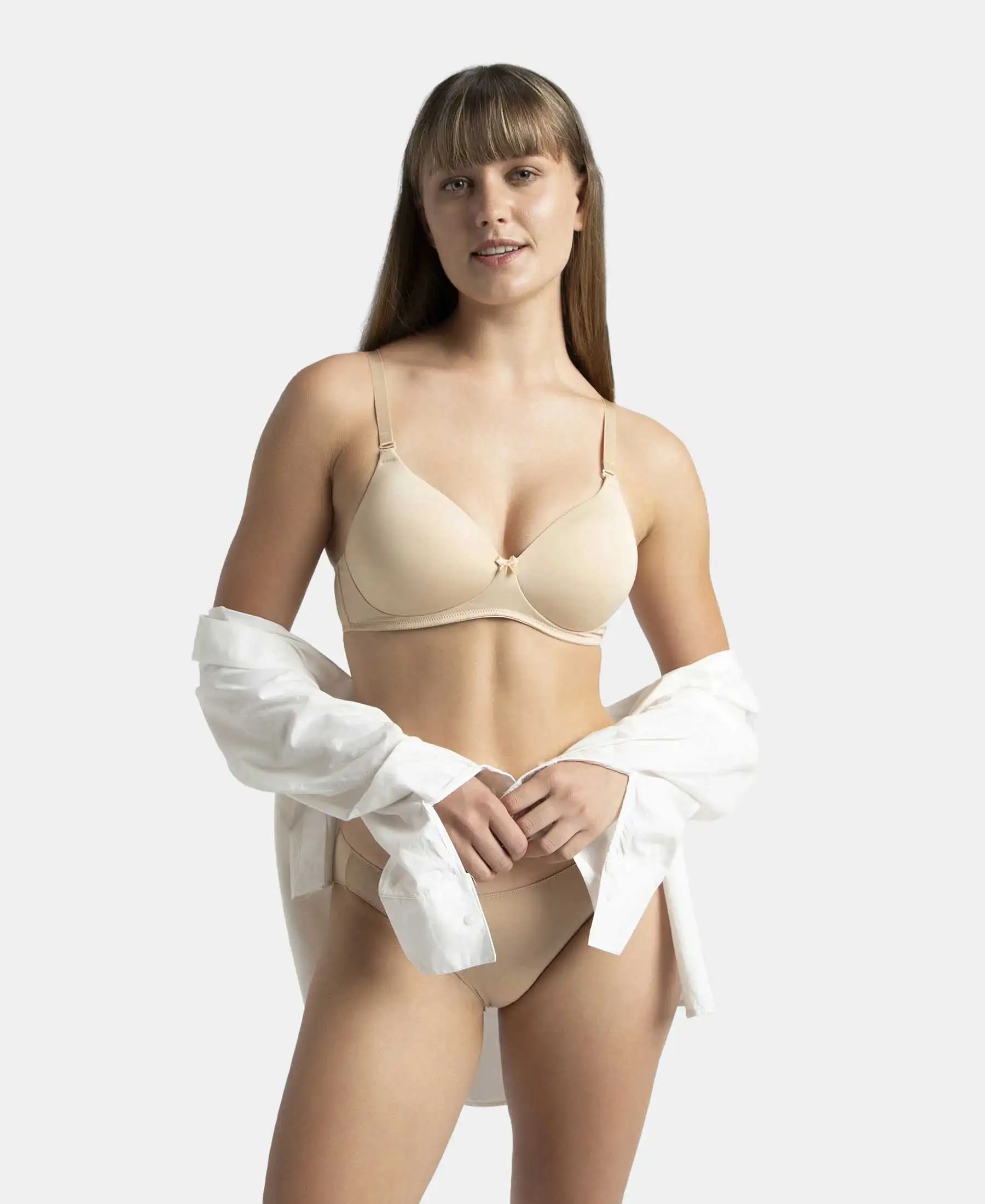 Wirefree Padded Microfiber Elastane Stretch Full Coverage T-Shirt Bra with Magic Under Cup - Light Skin - Image 5
