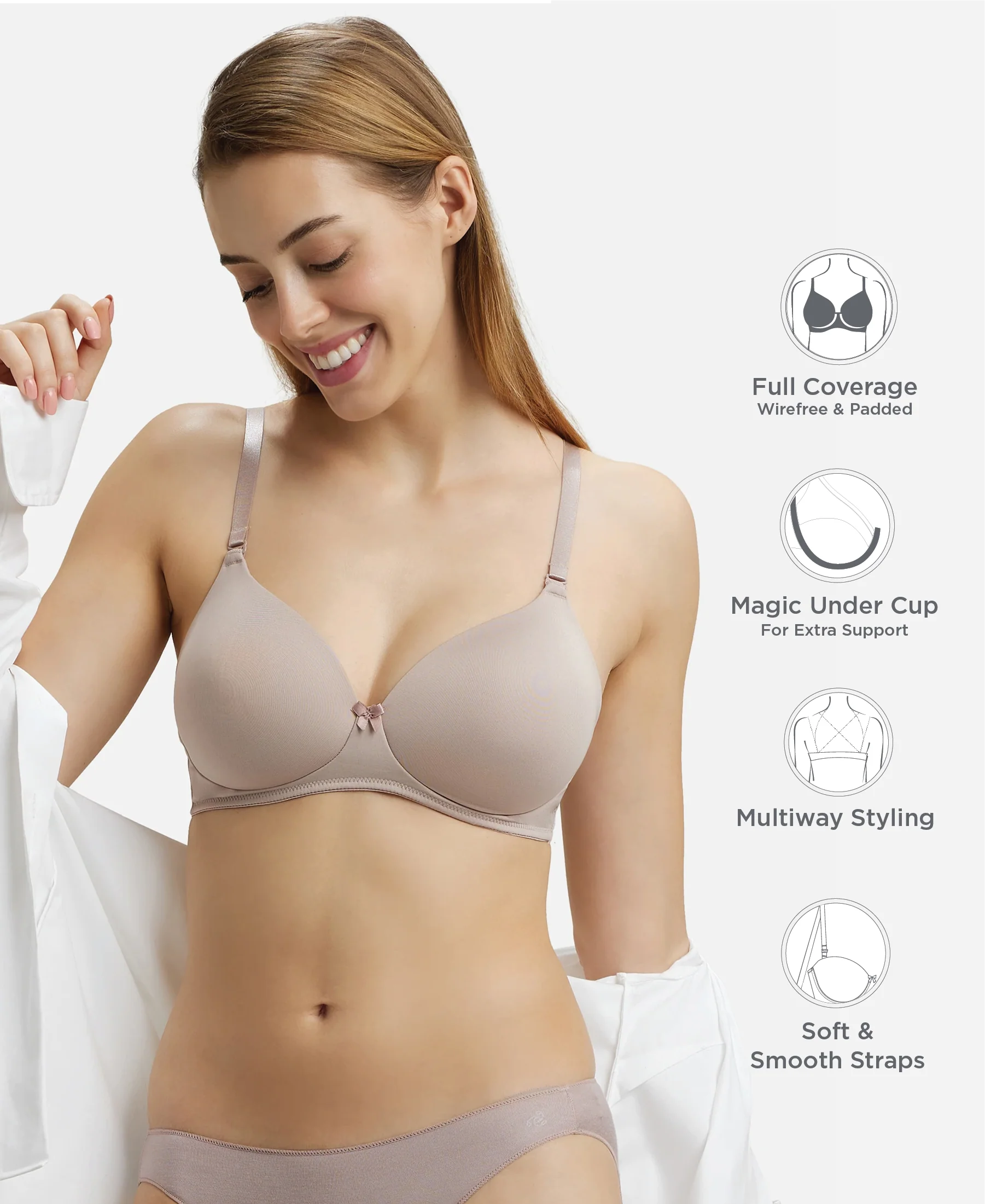 Wirefree Padded Microfiber Elastane Stretch Full Coverage T-Shirt Bra with Magic Under Cup - Mocha - Image 2