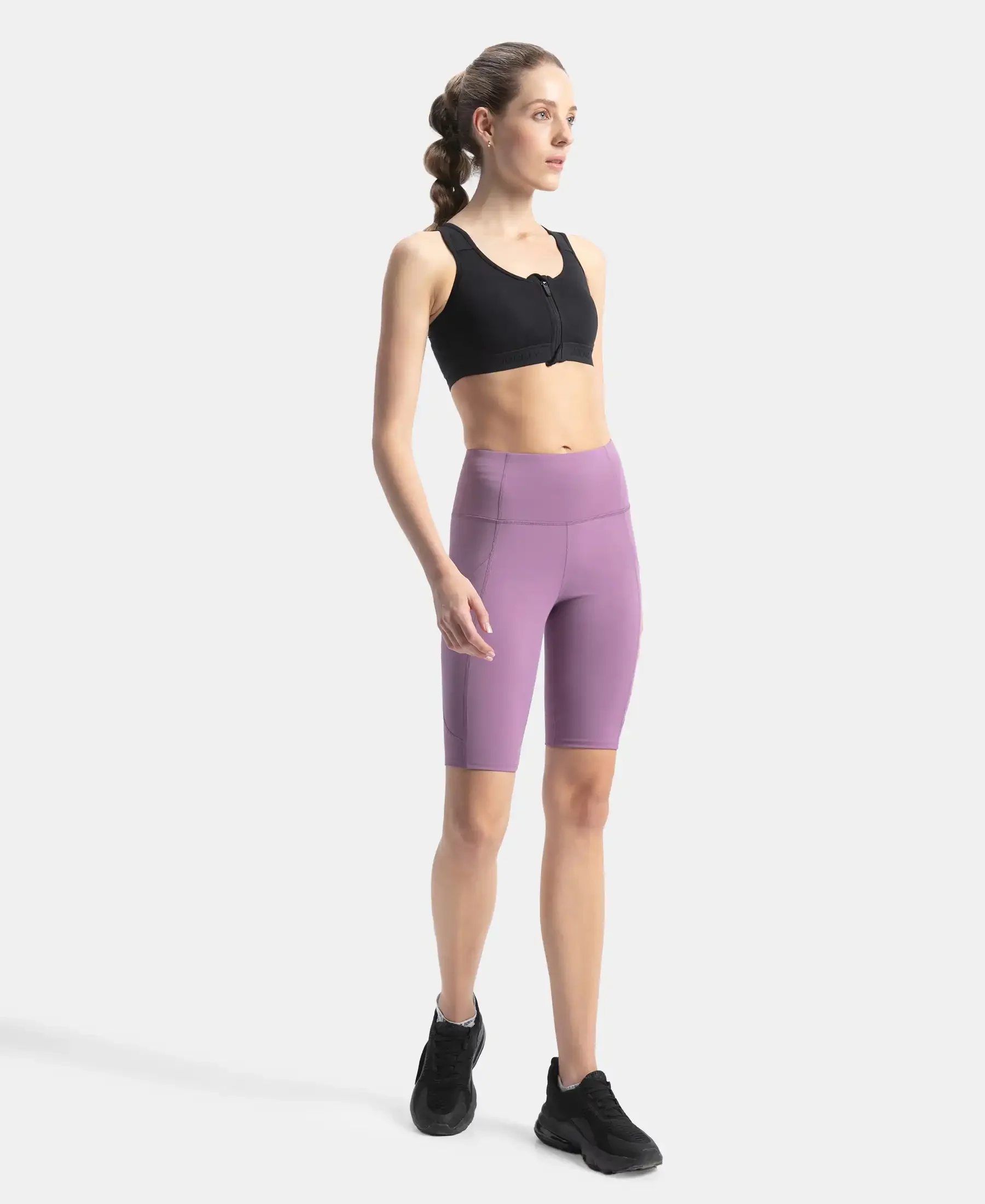 Wirefree Padded Microfiber Elastane Stretch Full Coverage Active Bra with Front Zipper Styling - Black - Image 4