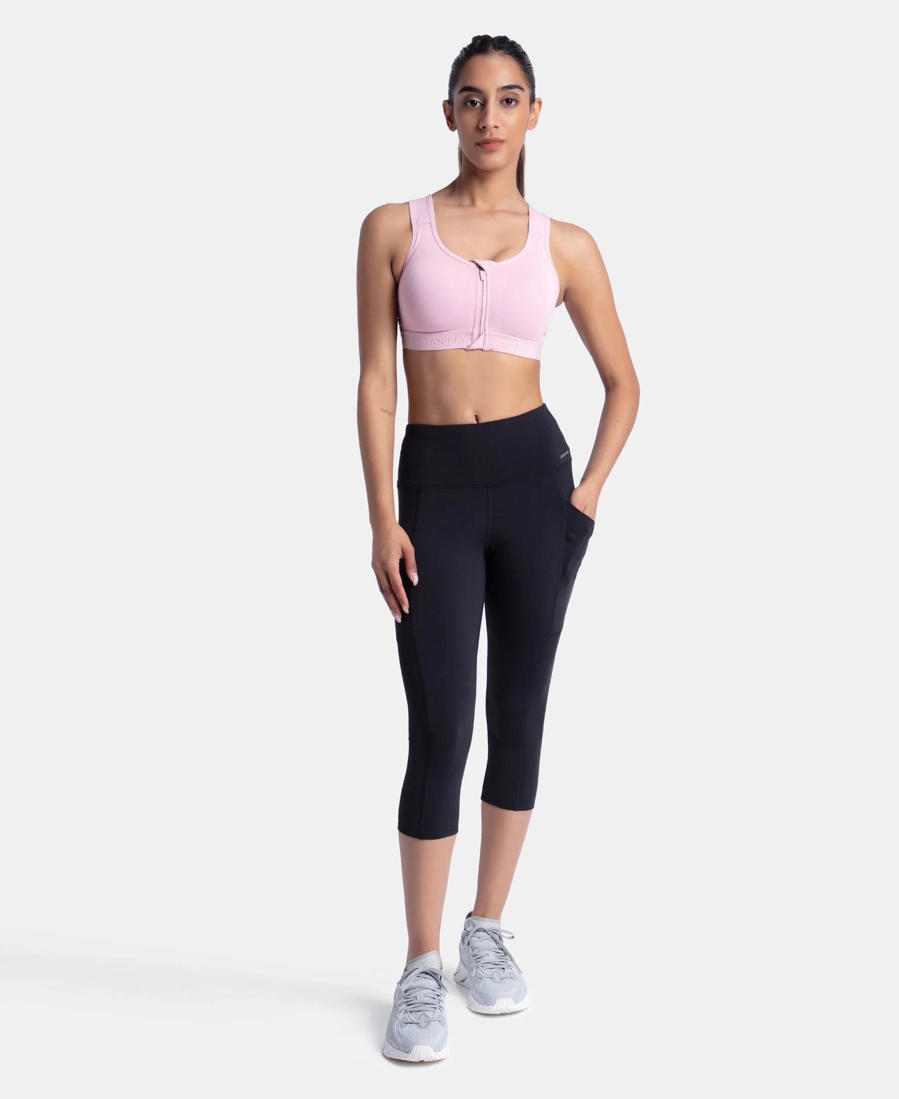 Wirefree Padded Microfiber Elastane Stretch Full Coverage Active Bra with Front Zipper Styling - Bleached Mauve - Image 4