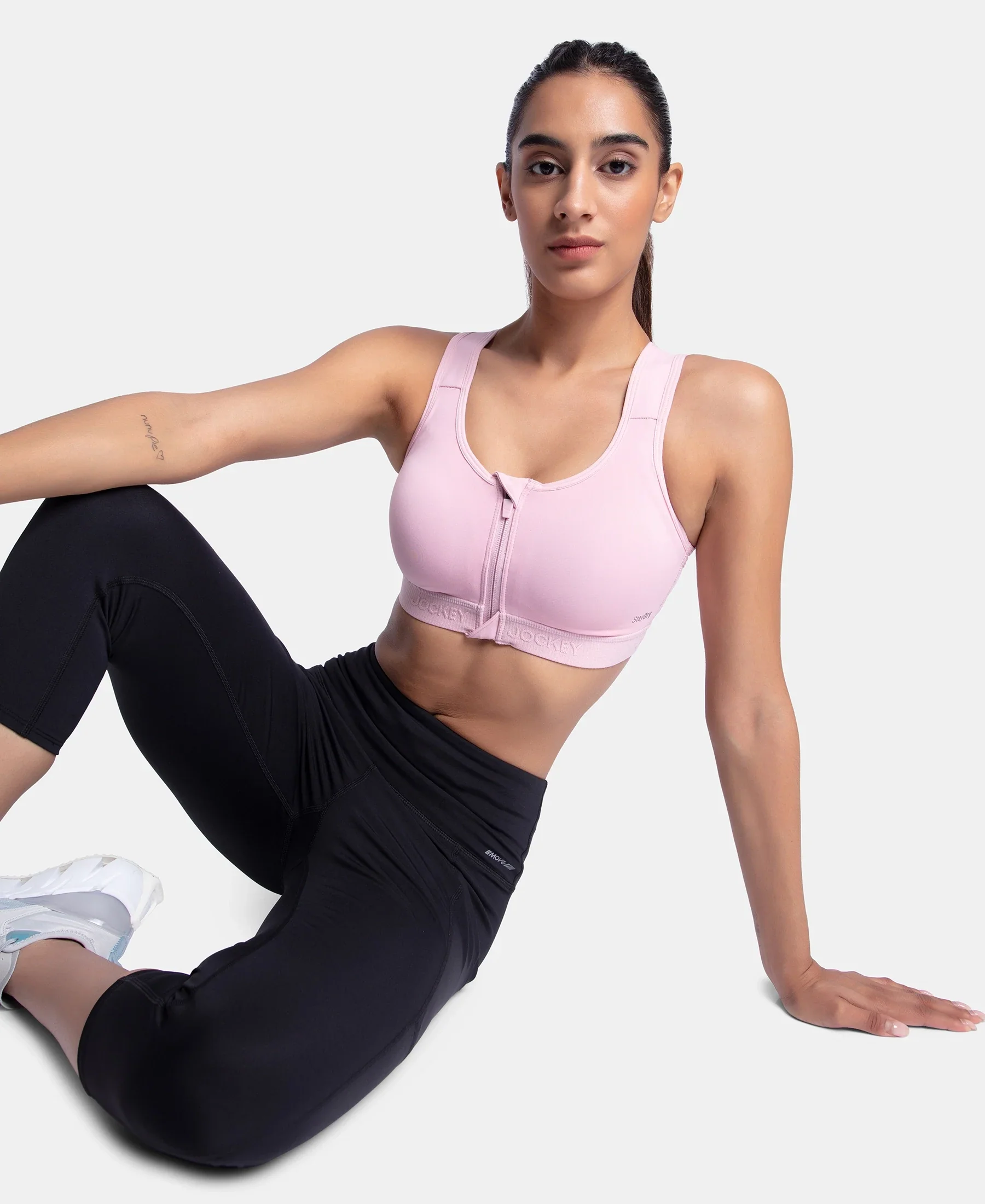 Wirefree Padded Microfiber Elastane Stretch Full Coverage Active Bra with Front Zipper Styling - Bleached Mauve - Image 5