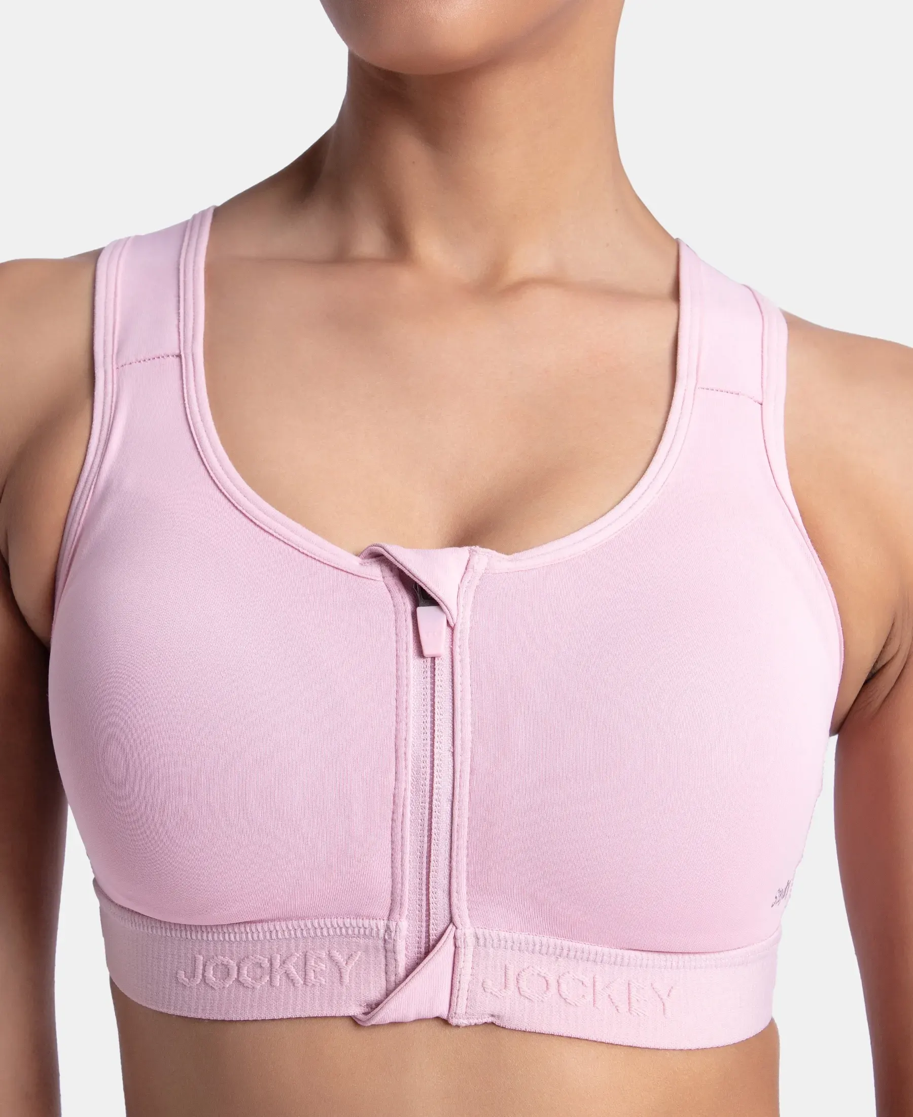 Wirefree Padded Microfiber Elastane Stretch Full Coverage Active Bra with Front Zipper Styling - Bleached Mauve - Image 6