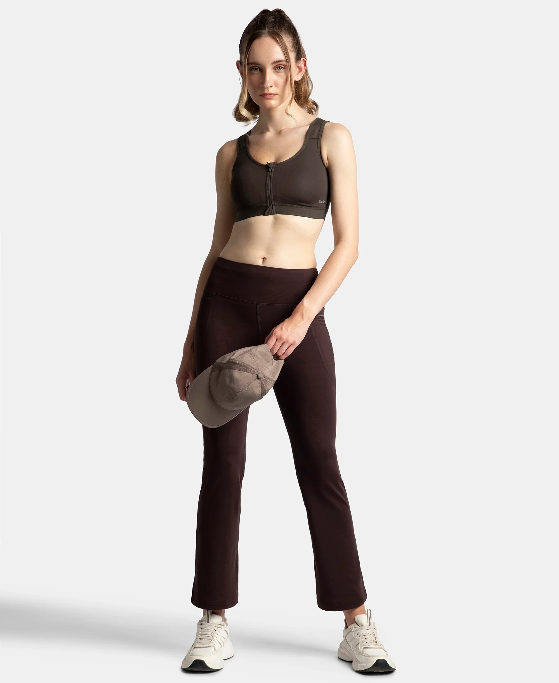 Wirefree Padded Microfiber Elastane Stretch Full Coverage Active Bra with Front Zipper Styling - Coffee - Image 4