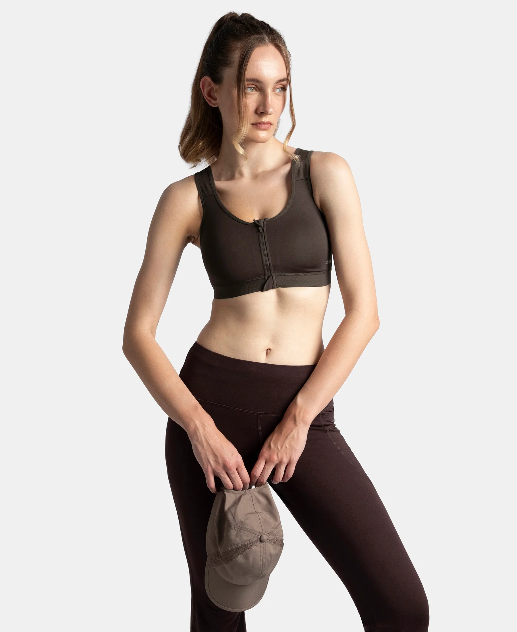 Wirefree Padded Microfiber Elastane Stretch Full Coverage Active Bra with Front Zipper Styling - Coffee - Image 5