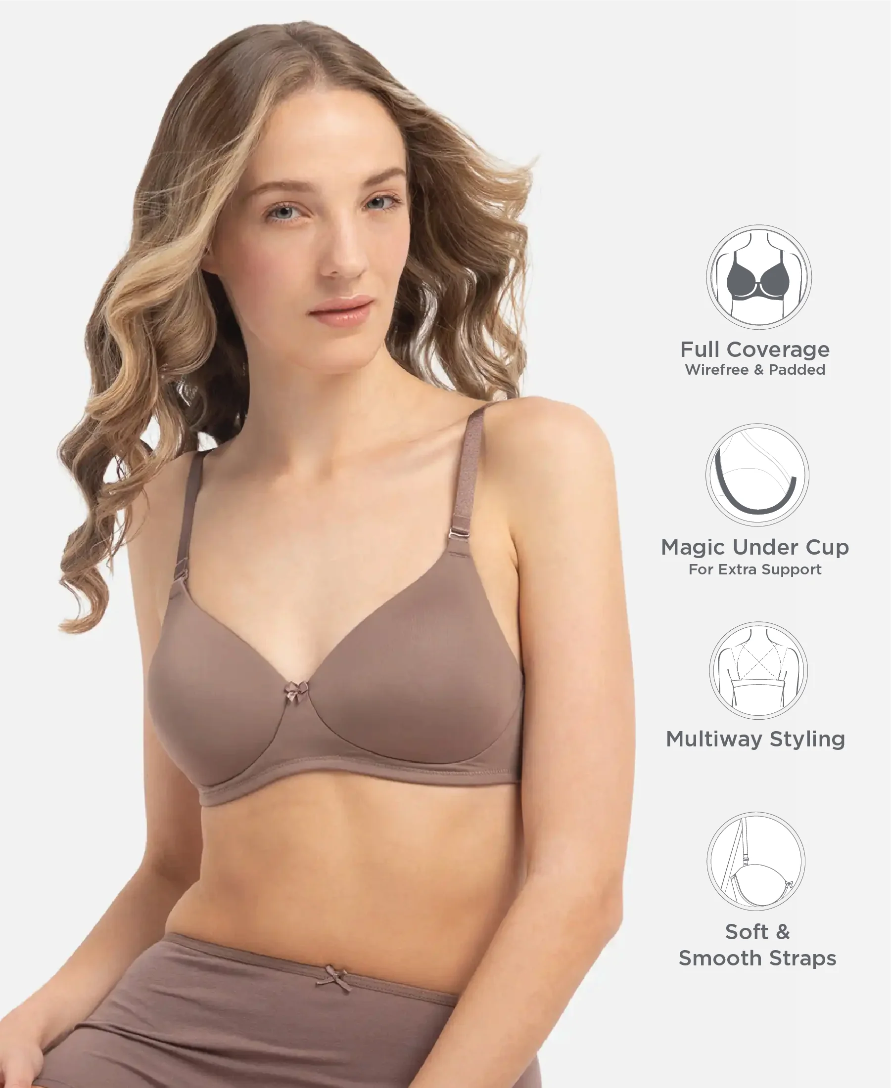 Wirefree Padded Microfiber Elastane Stretch Full Coverage T-Shirt Bra with Magic Under Cup - Deep Taupe - Image 2