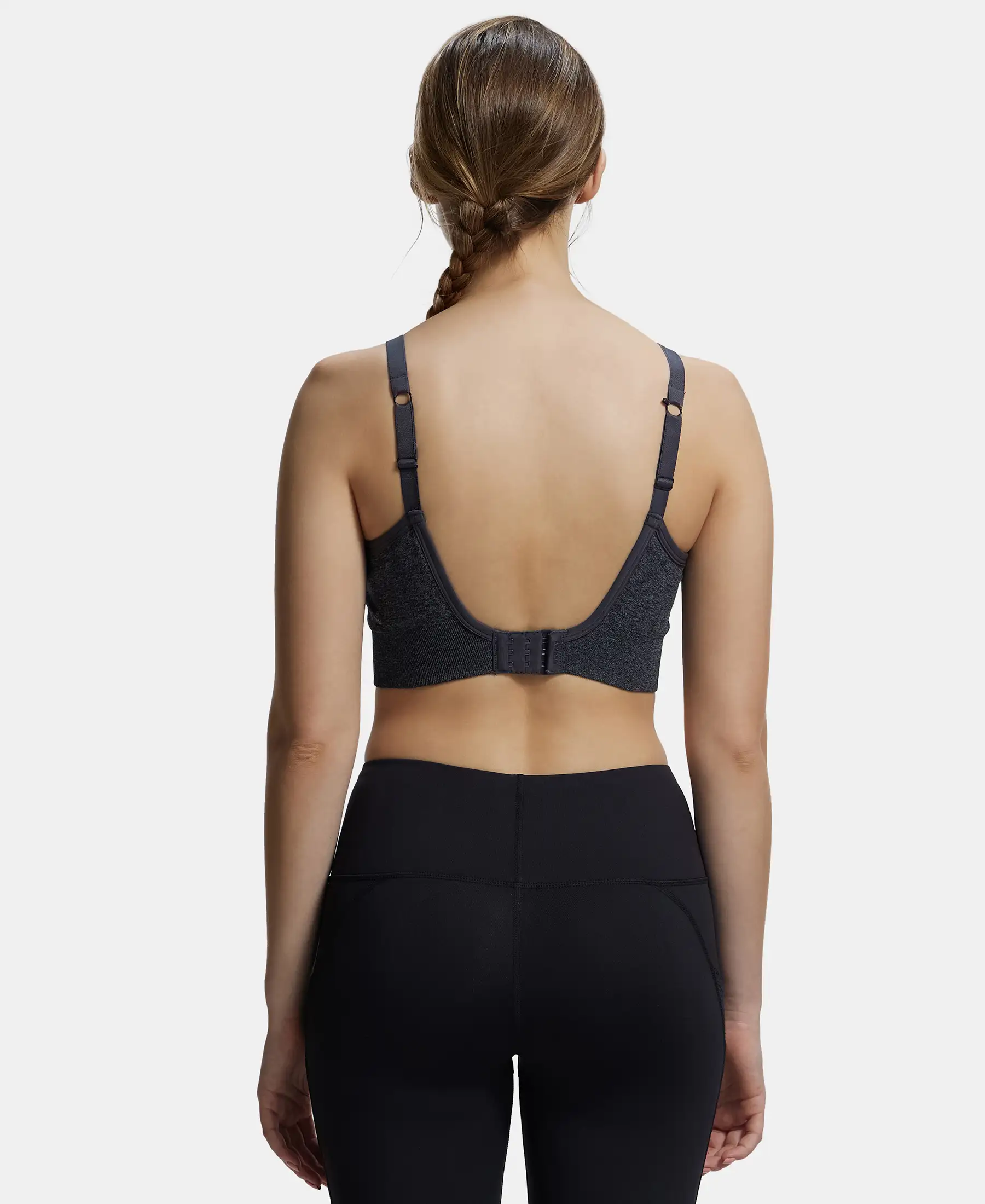 Wirefree Padded Recycled Nylon Elastane Stretch Racerback Styling Sports Bra with Stay Fresh Treatment - Black Melange - Image 3