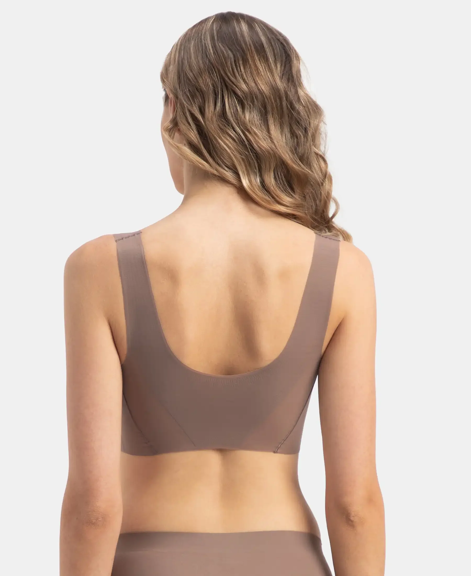 Wirefree Padded Soft touch Microfiber Elastane Bonded Tech Full Coverage Lounge Bra with 360 Degree Stretch - Deep Taupe - Image 3