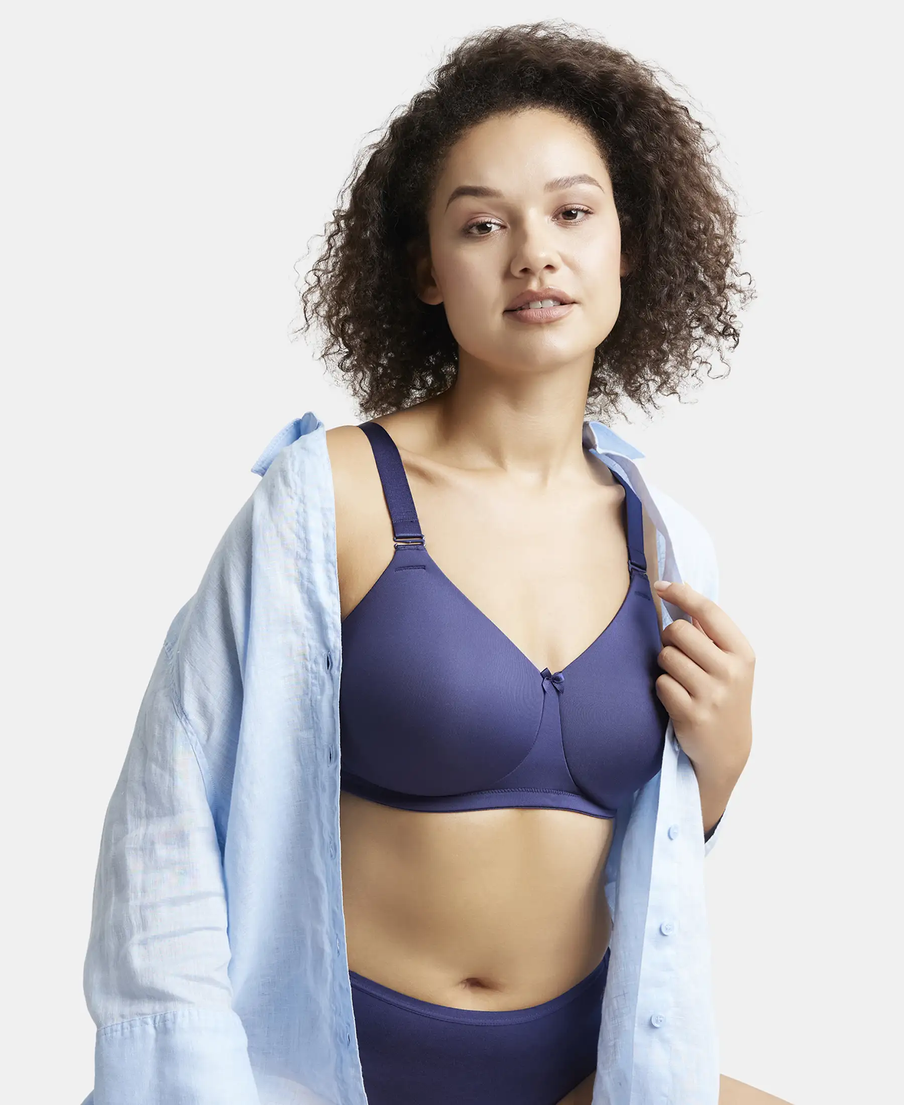 Wirefree Padded Soft Touch Microfiber Elastane Stretch Full Coverage Plus Size Bra with Magic Under Cup - Classic Navy - Image 5