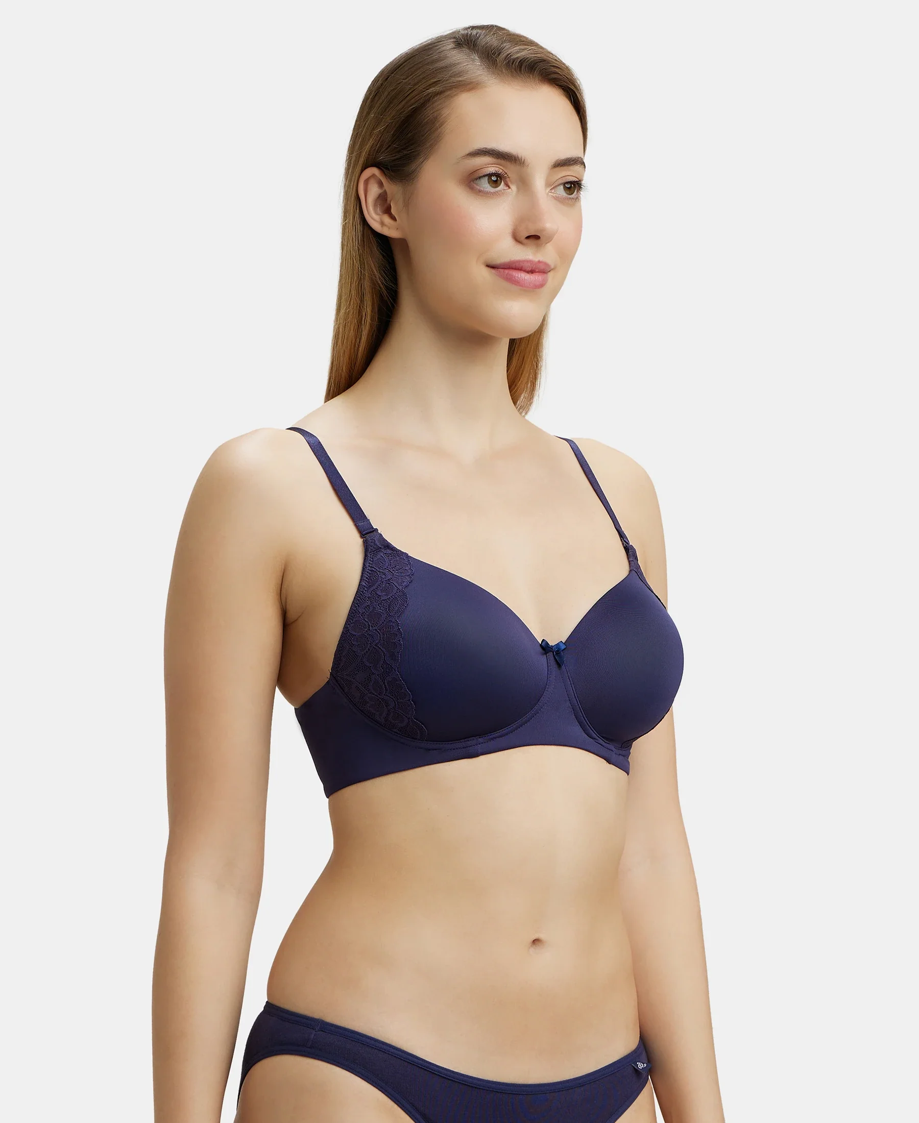 Wirefree Padded Soft Touch Microfiber Elastane Stretch Full Coverage T-Shirt Bra with Lace Styling - Classic Navy - Image 2