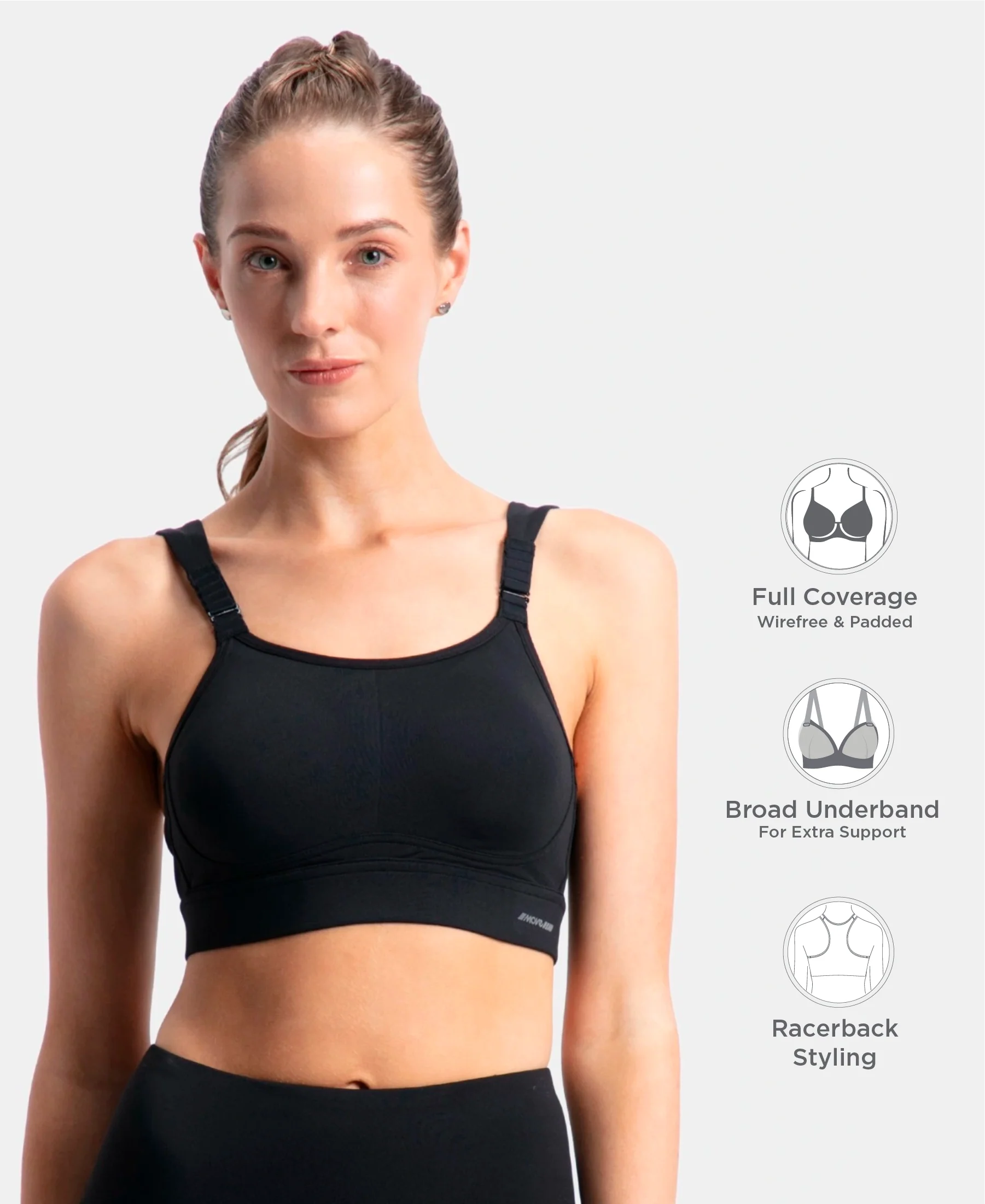 Wirefree Padded Soft Touch Microfiber Elastane Stretch Full Coverage Racerback Sports Bra with StayDry Treatment - Black - Image 2