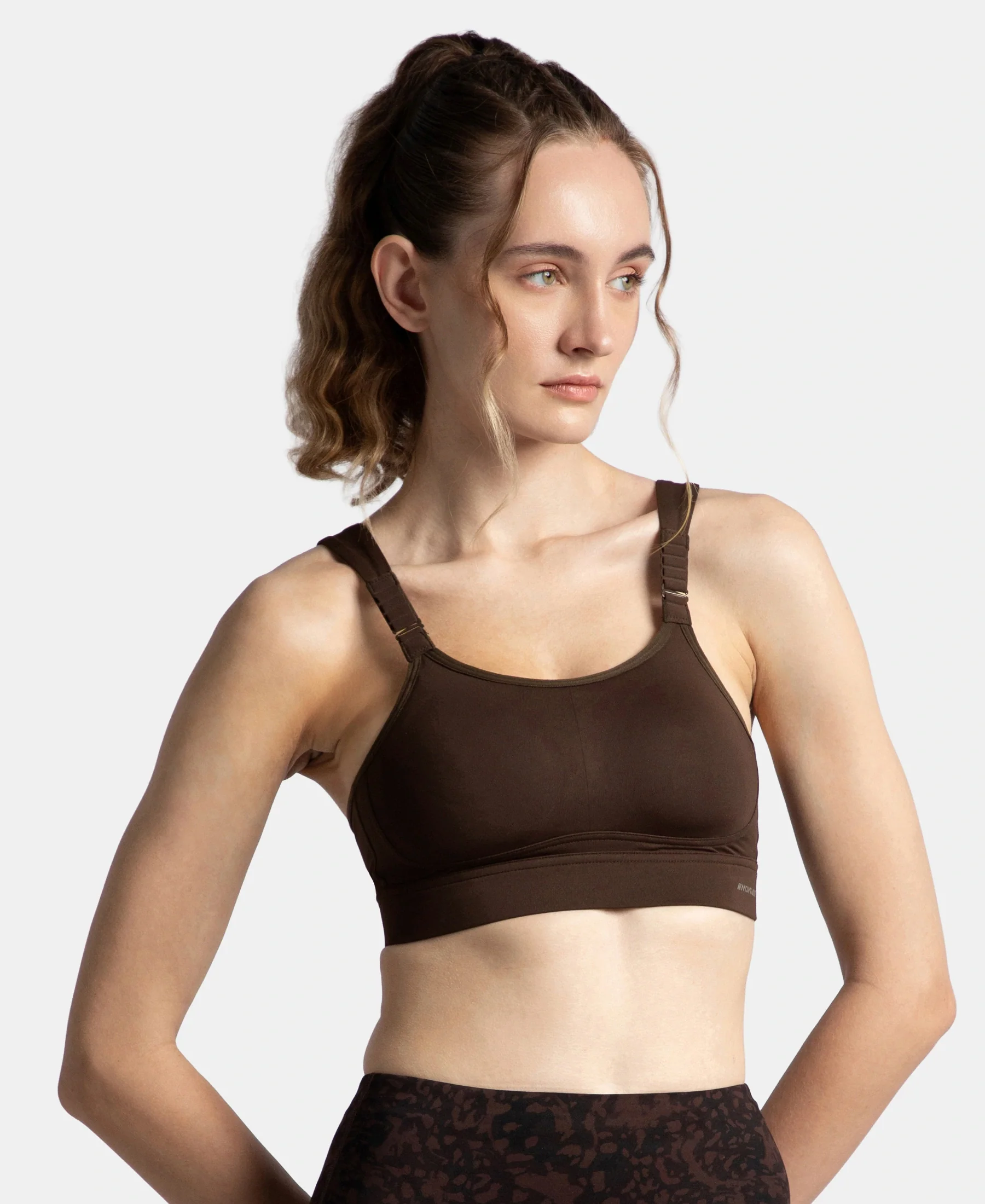Wirefree Padded Soft Touch Microfiber Elastane Stretch Full Coverage Racerback Sports Bra with StayDry Treatment - Coffee - Image 2