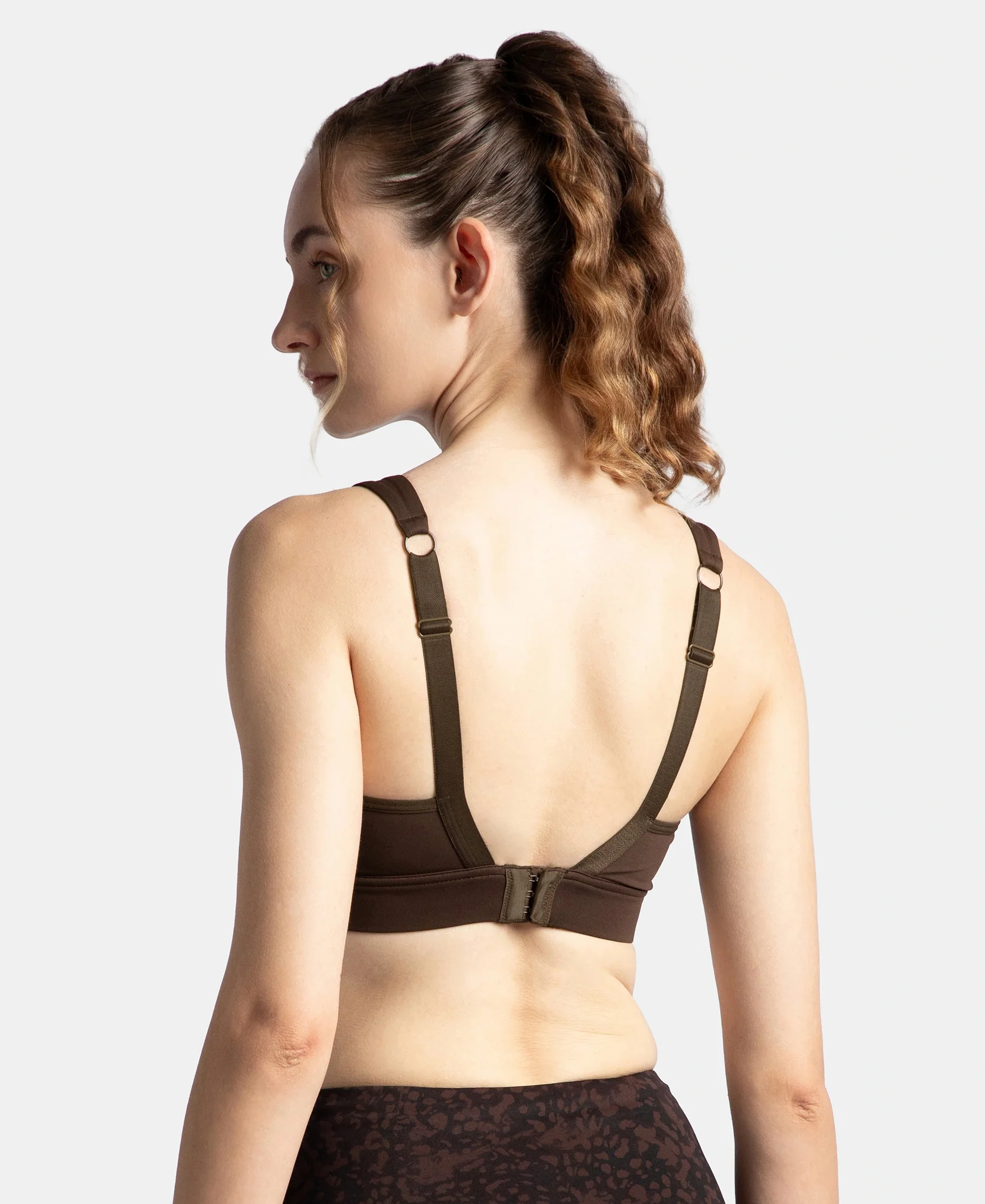 Wirefree Padded Soft Touch Microfiber Elastane Stretch Full Coverage Racerback Sports Bra with StayDry Treatment - Coffee - Image 3