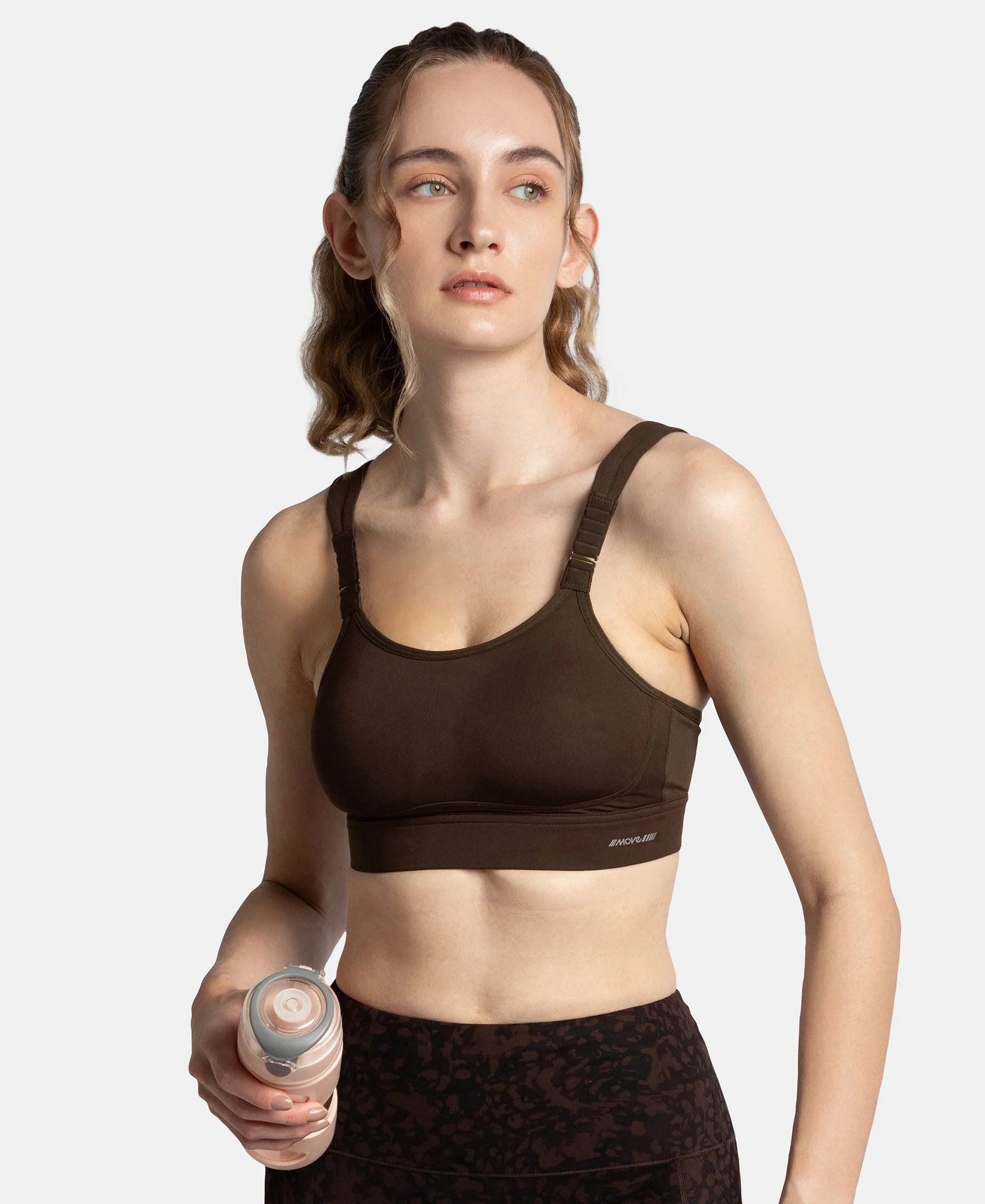 Wirefree Padded Soft Touch Microfiber Elastane Stretch Full Coverage Racerback Sports Bra with StayDry Treatment - Coffee - Image 5