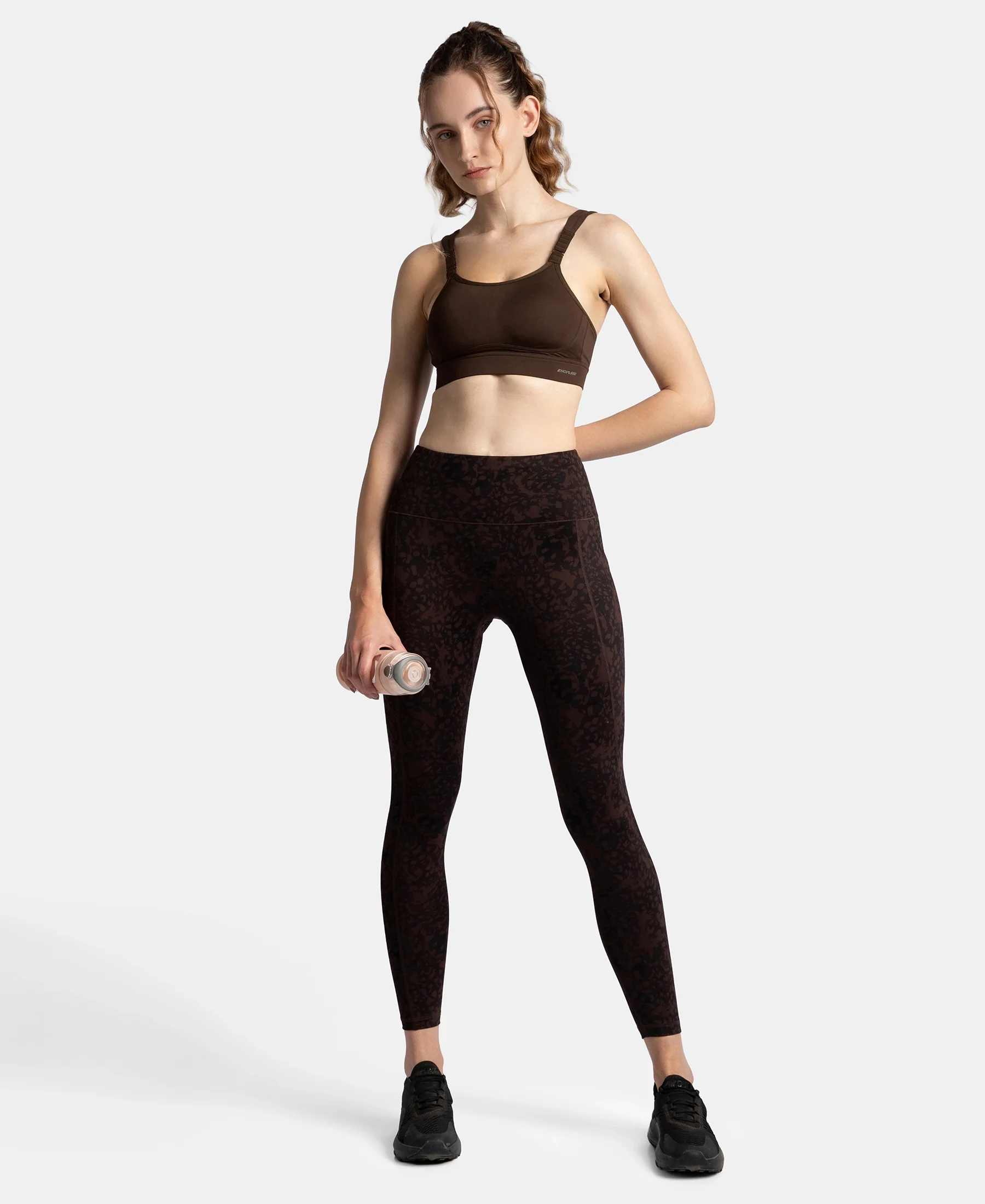 Wirefree Padded Soft Touch Microfiber Elastane Stretch Full Coverage Racerback Sports Bra with StayDry Treatment - Coffee - Image 6