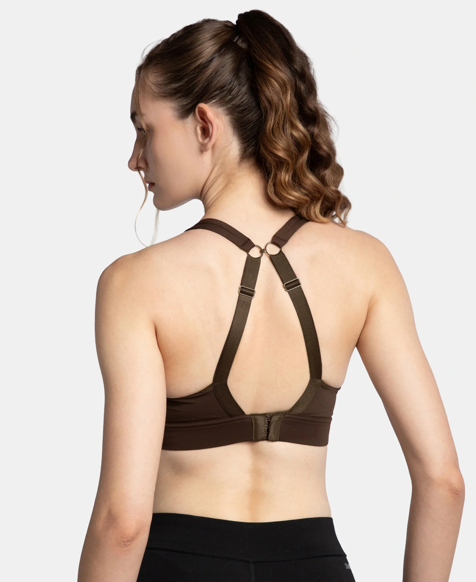 Wirefree Padded Soft Touch Microfiber Elastane Stretch Full Coverage Racerback Sports Bra with StayDry Treatment - Coffee - Image 8