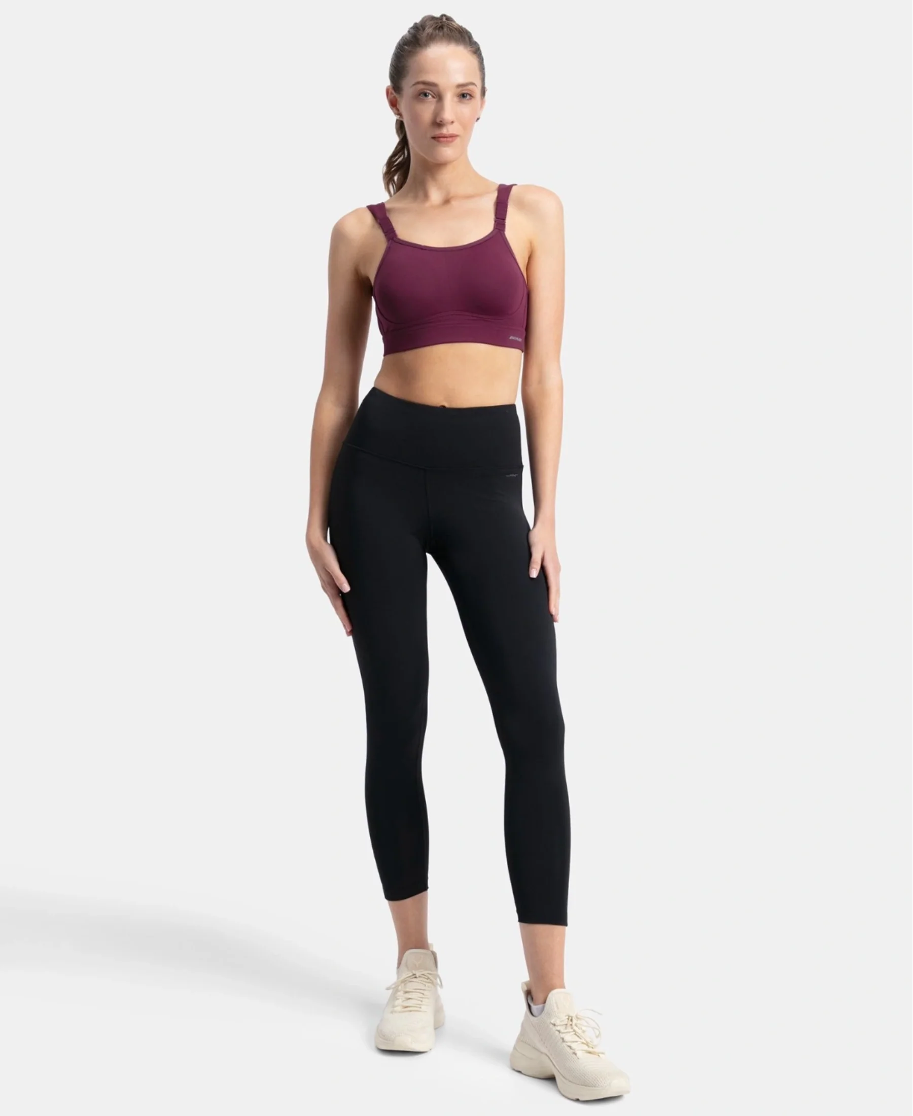 Wirefree Padded Soft Touch Microfiber Elastane Stretch Full Coverage Racerback Sports Bra with StayDry Treatment - Grape Wine - Image 4