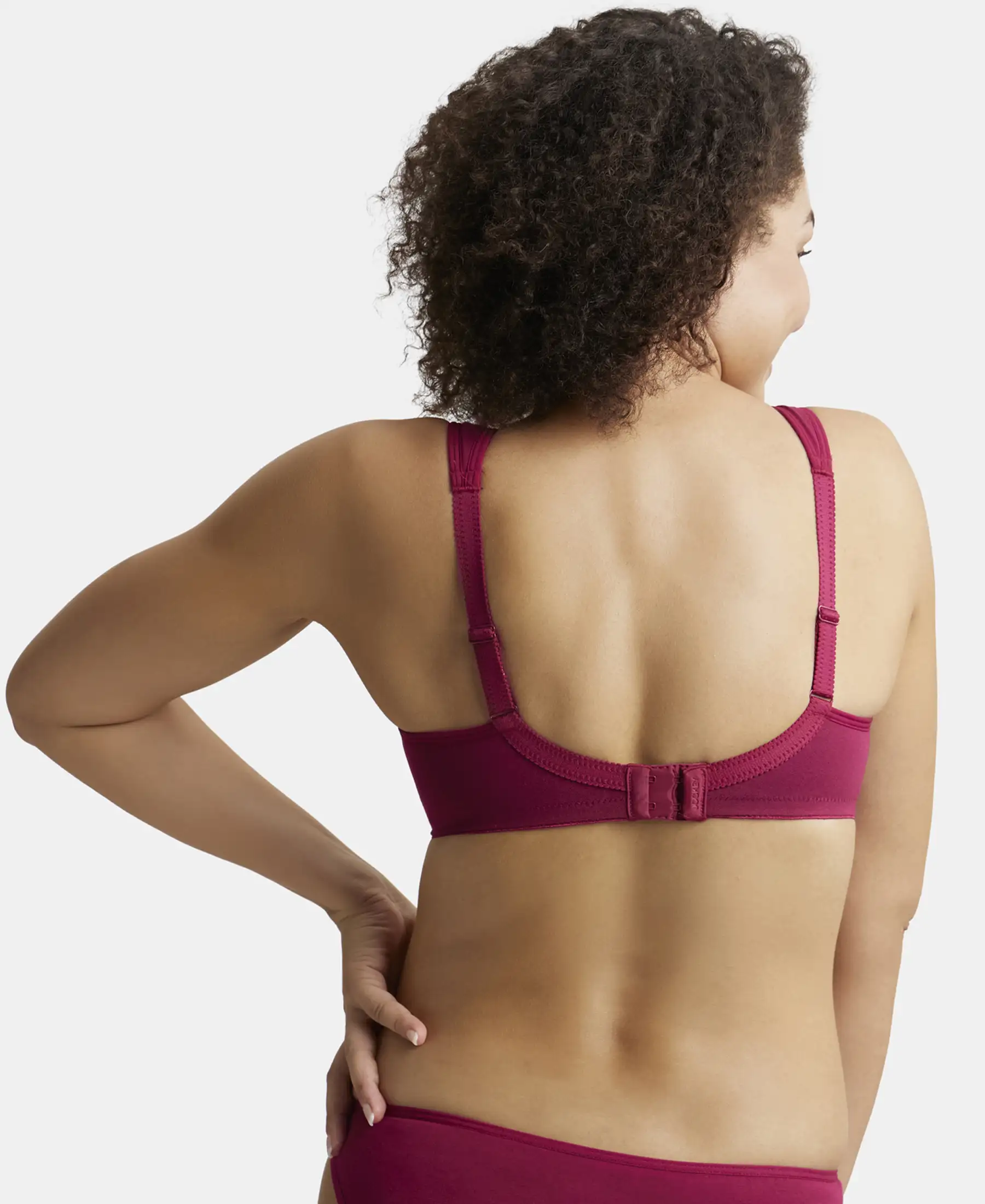 Wirefree Padded Super Combed Cotton Elastane Stretch Full Coverage Plus Size Bra with Broad Cushioned Fabric Strap - Beet Red - Image 3