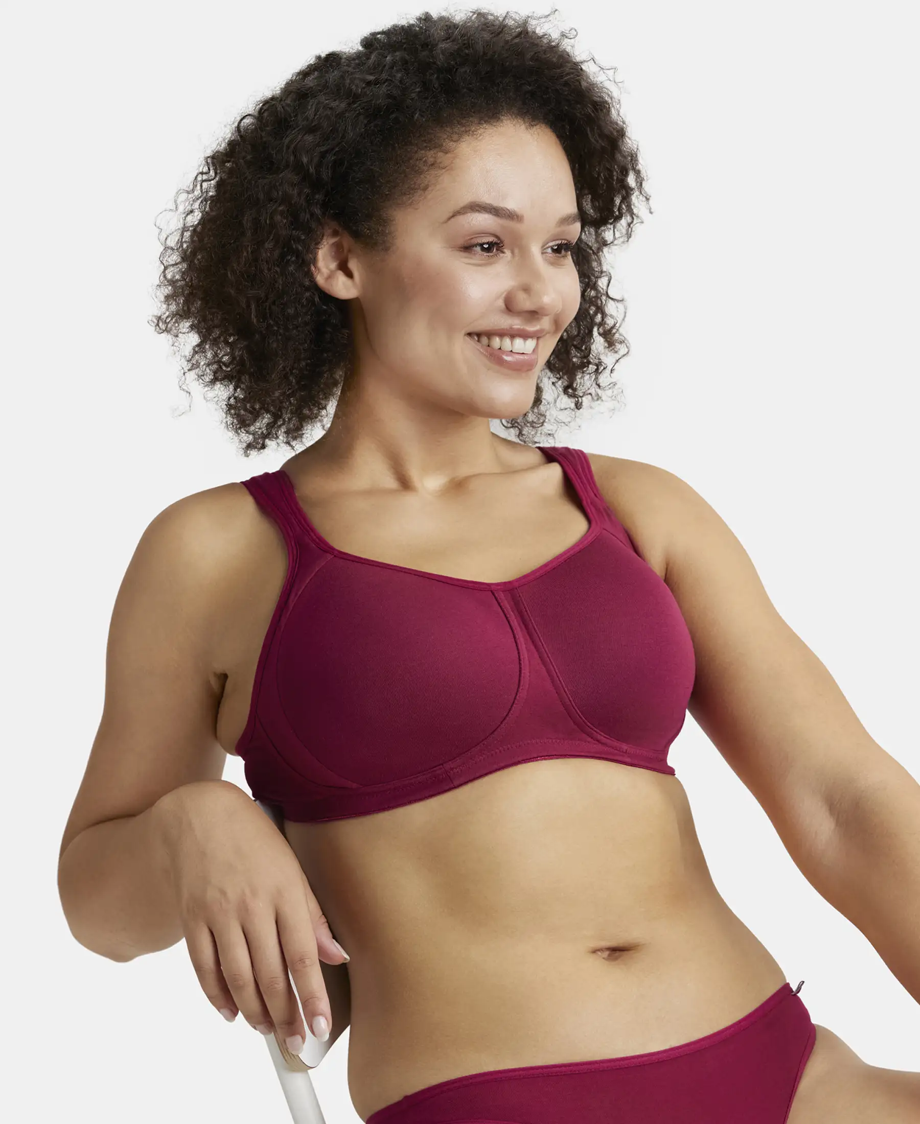 Wirefree Padded Super Combed Cotton Elastane Stretch Full Coverage Plus Size Bra with Broad Cushioned Fabric Strap - Beet Red - Image 5