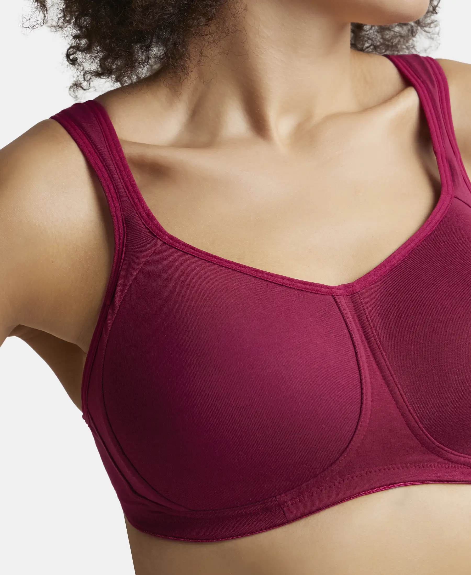Wirefree Padded Super Combed Cotton Elastane Stretch Full Coverage Plus Size Bra with Broad Cushioned Fabric Strap - Beet Red - Image 6