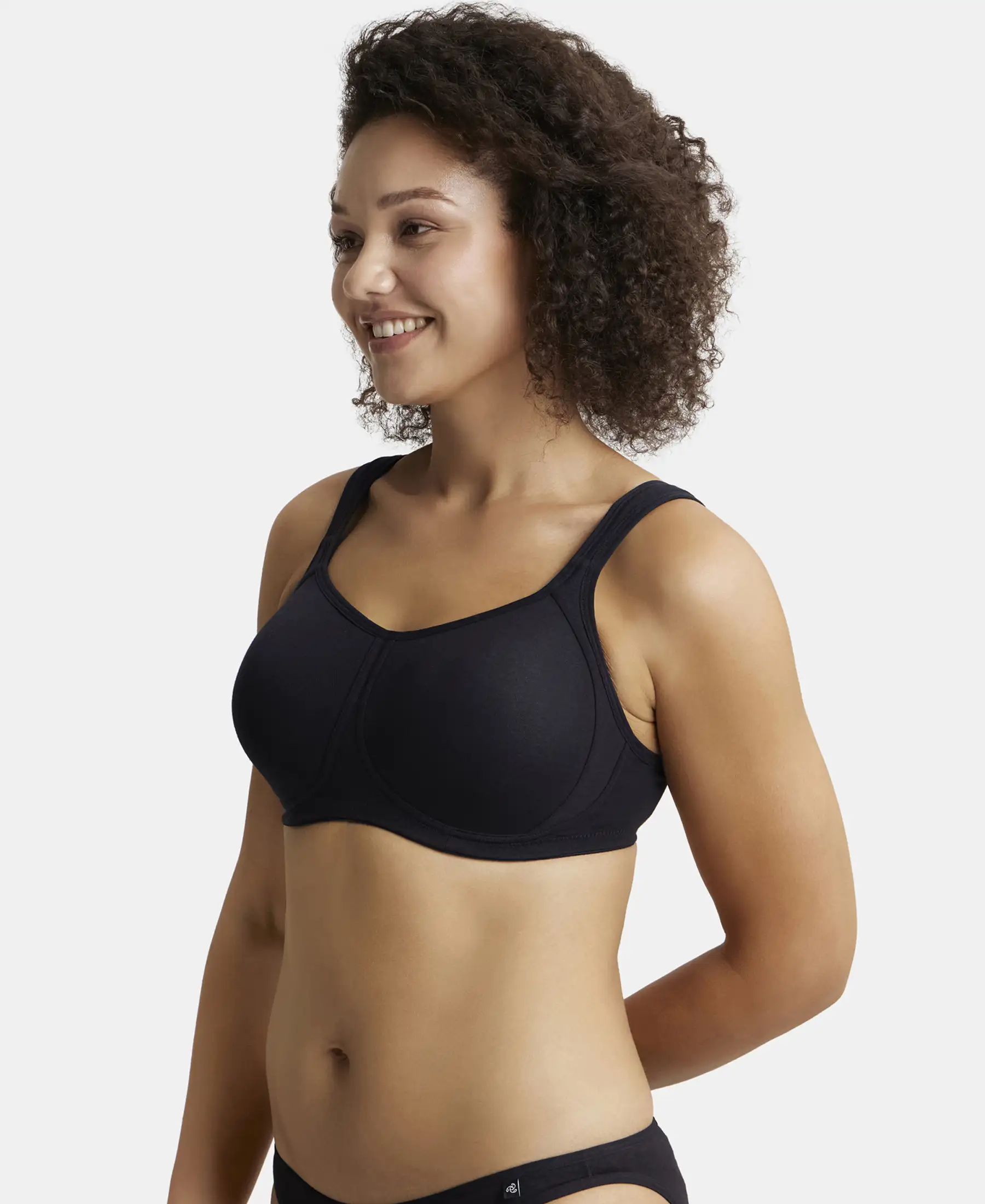 Wirefree Padded Super Combed Cotton Elastane Stretch Full Coverage Plus Size Bra with Broad Cushioned Fabric Strap - Black - Image 2