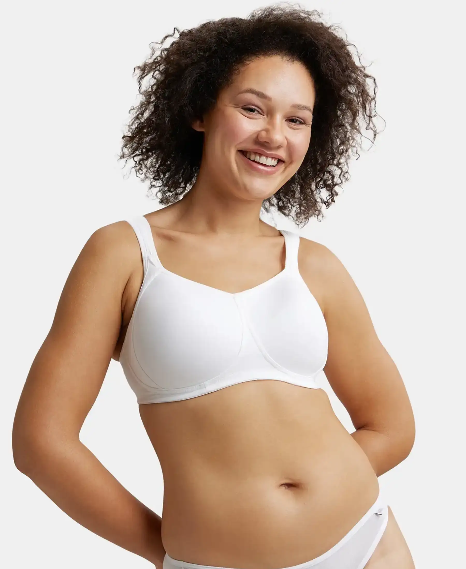 Wirefree Padded Super Combed Cotton Elastane Stretch Full Coverage Plus Size Bra with Broad Cushioned Fabric Strap - White - Image 5