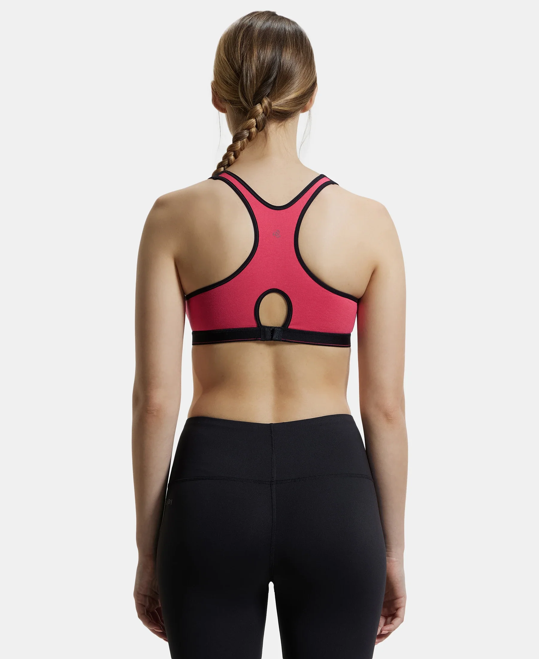 Wirefree Padded Super Combed Cotton Elastane Stretch Full Coverage Racerback Active Bra with StayFresh and Moisture Move Treatment - Ruby & Black - Image 3