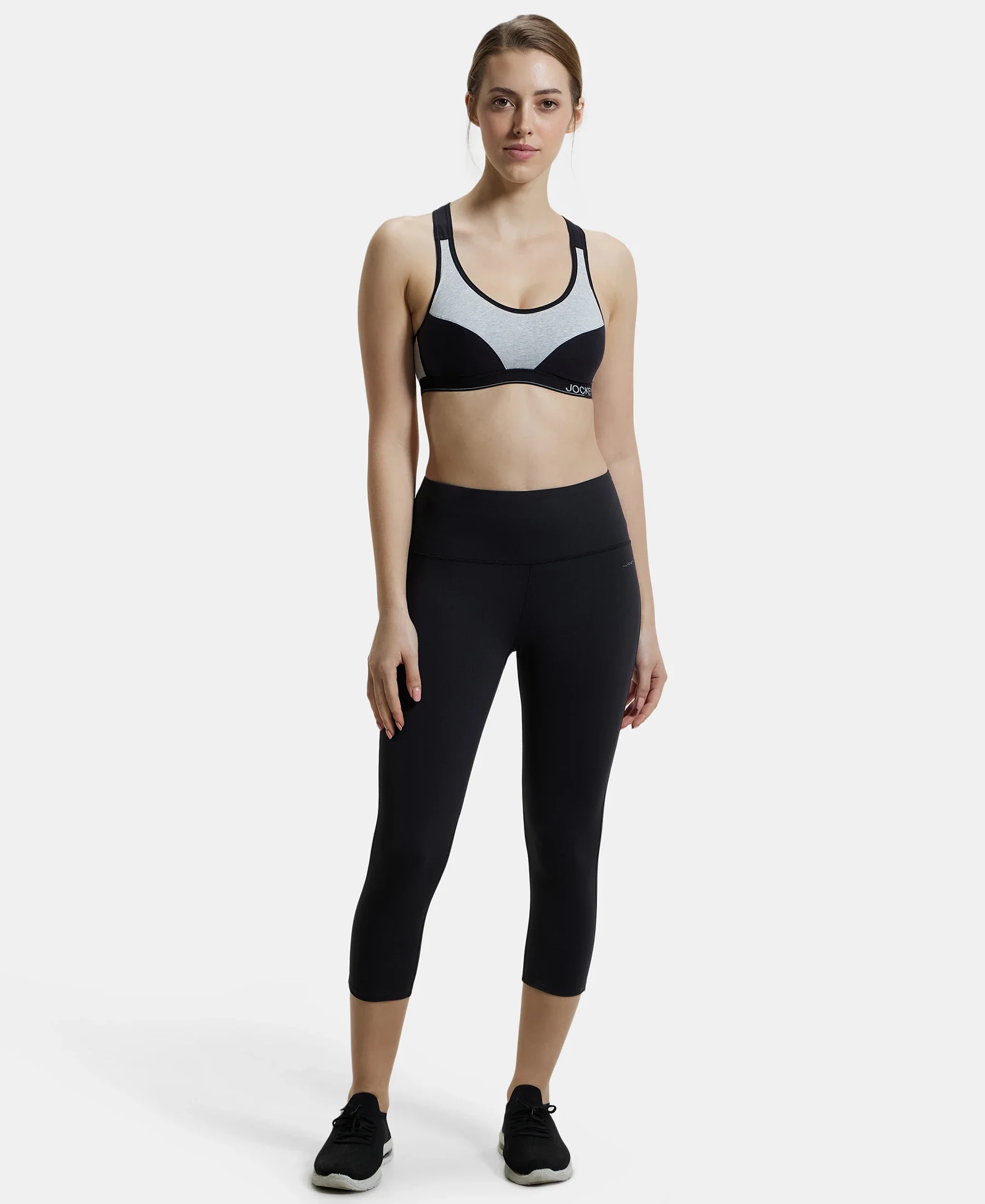 Wirefree Padded Super Combed Cotton Elastane Stretch Full Coverage Racerback Active Bra with StayFresh and Moisture Move Treatment - Steel Grey & Black - Image 4