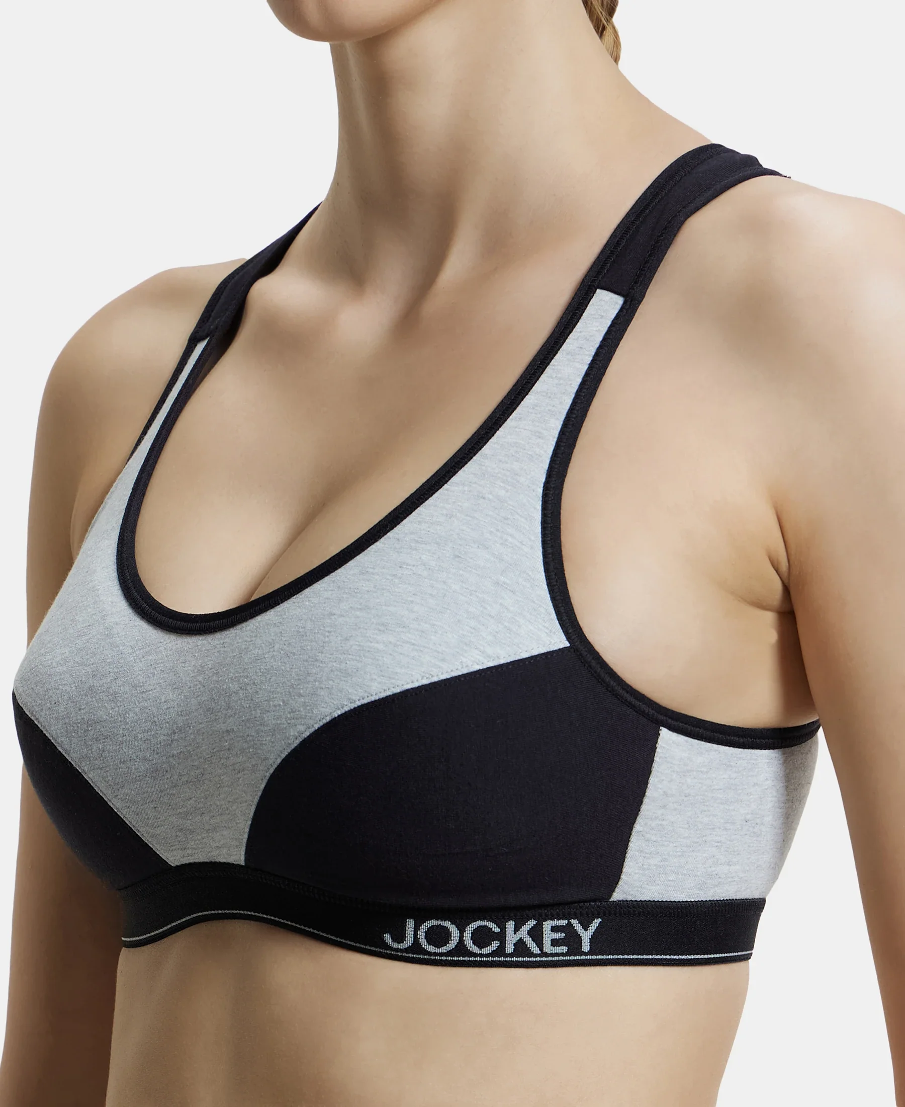 Wirefree Padded Super Combed Cotton Elastane Stretch Full Coverage Racerback Active Bra with StayFresh and Moisture Move Treatment - Steel Grey & Black - Image 8