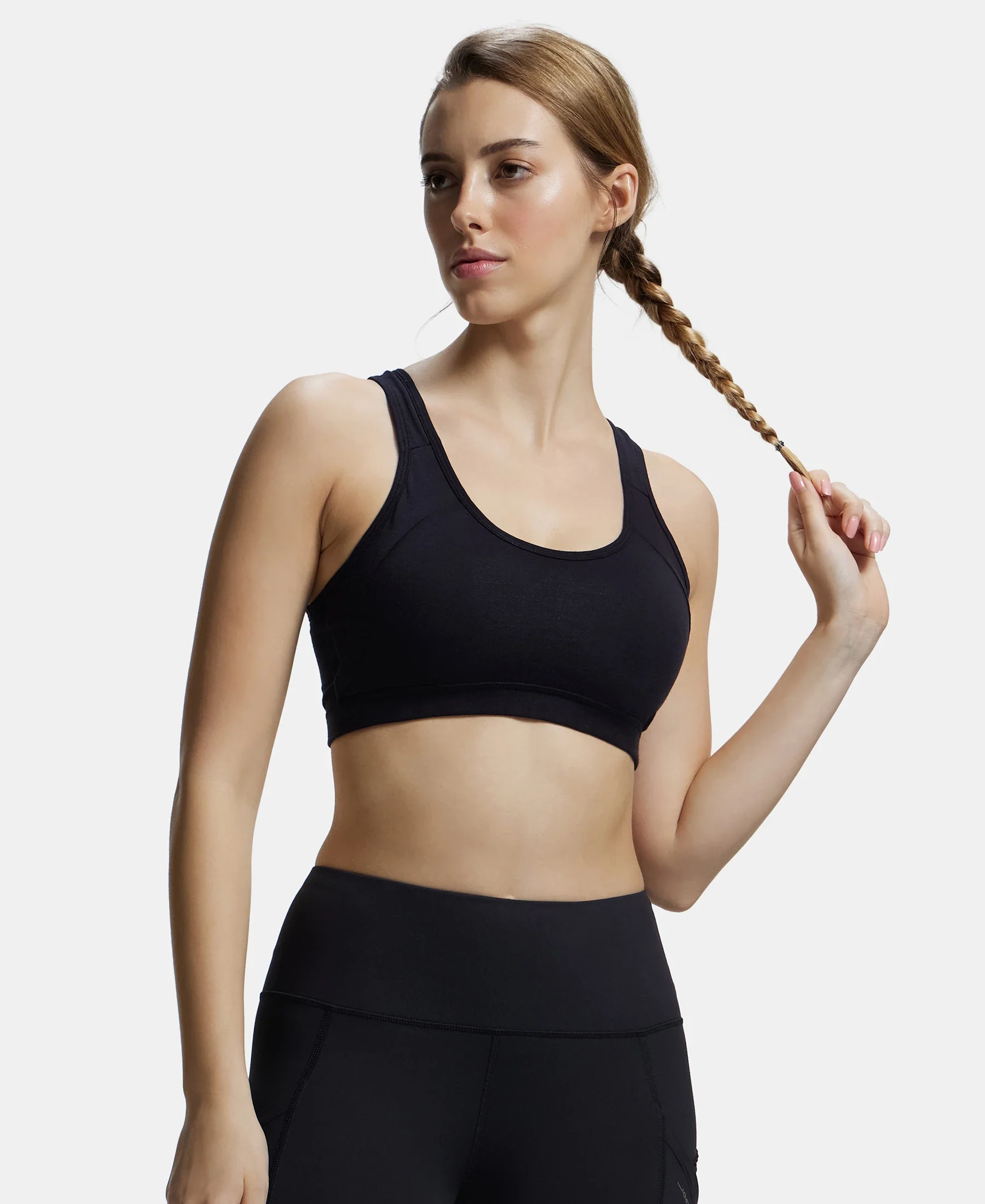 Wirefree Padded Super Combed Cotton Elastane Stretch Full Coverage Racerback Styling Active Bra with StayFresh and Moisture Move Treatment - Black - Image 5