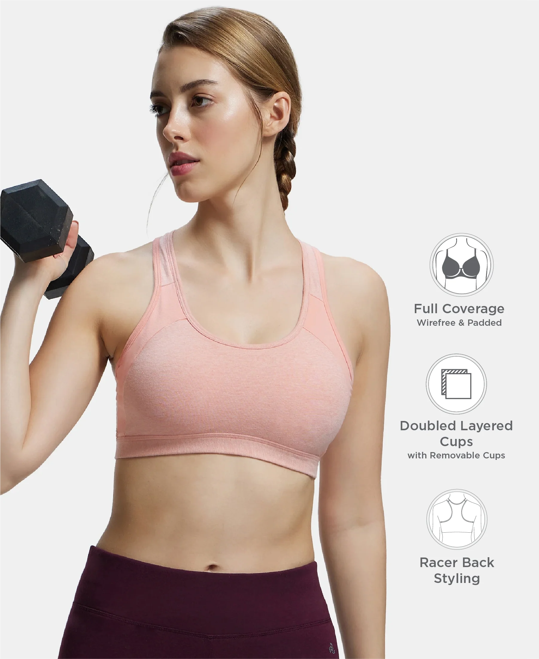 Wirefree Padded Super Combed Cotton Elastane Stretch Full Coverage Racerback Styling Active Bra with StayFresh and Moisture Move Treatment - Desert Flower Melange & Coral - Image 2