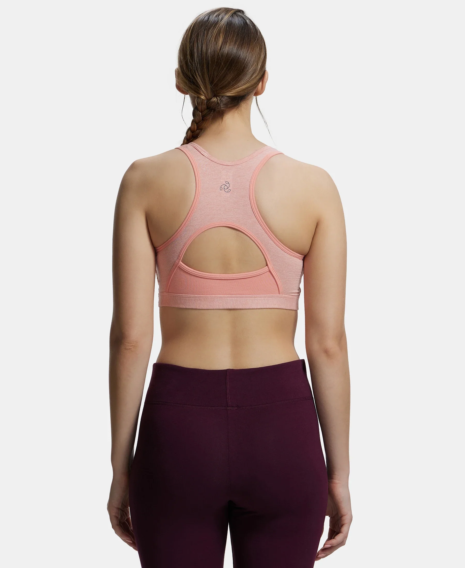 Wirefree Padded Super Combed Cotton Elastane Stretch Full Coverage Racerback Styling Active Bra with StayFresh and Moisture Move Treatment - Desert Flower Melange & Coral - Image 3