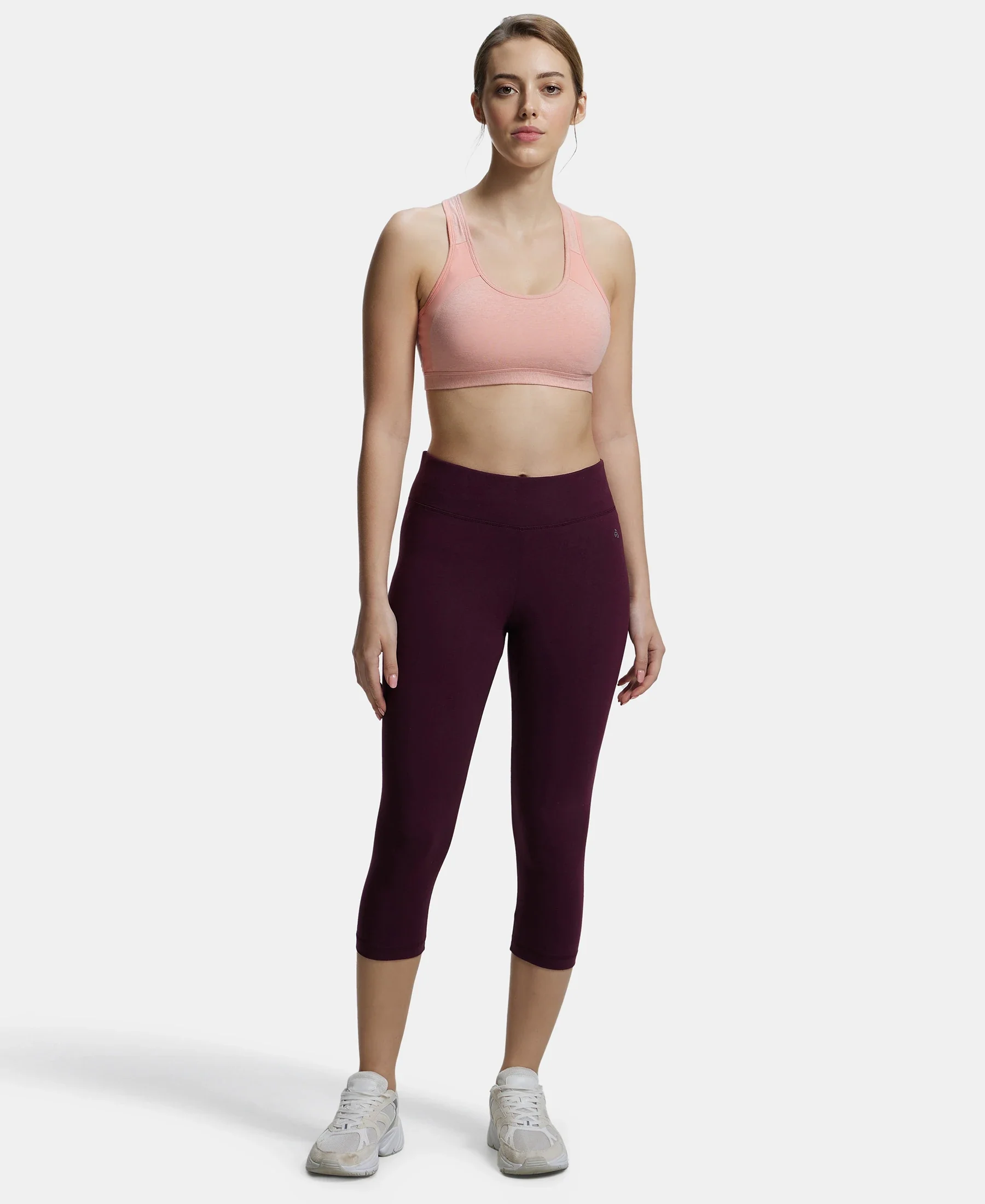 Wirefree Padded Super Combed Cotton Elastane Stretch Full Coverage Racerback Styling Active Bra with StayFresh and Moisture Move Treatment - Desert Flower Melange & Coral - Image 4