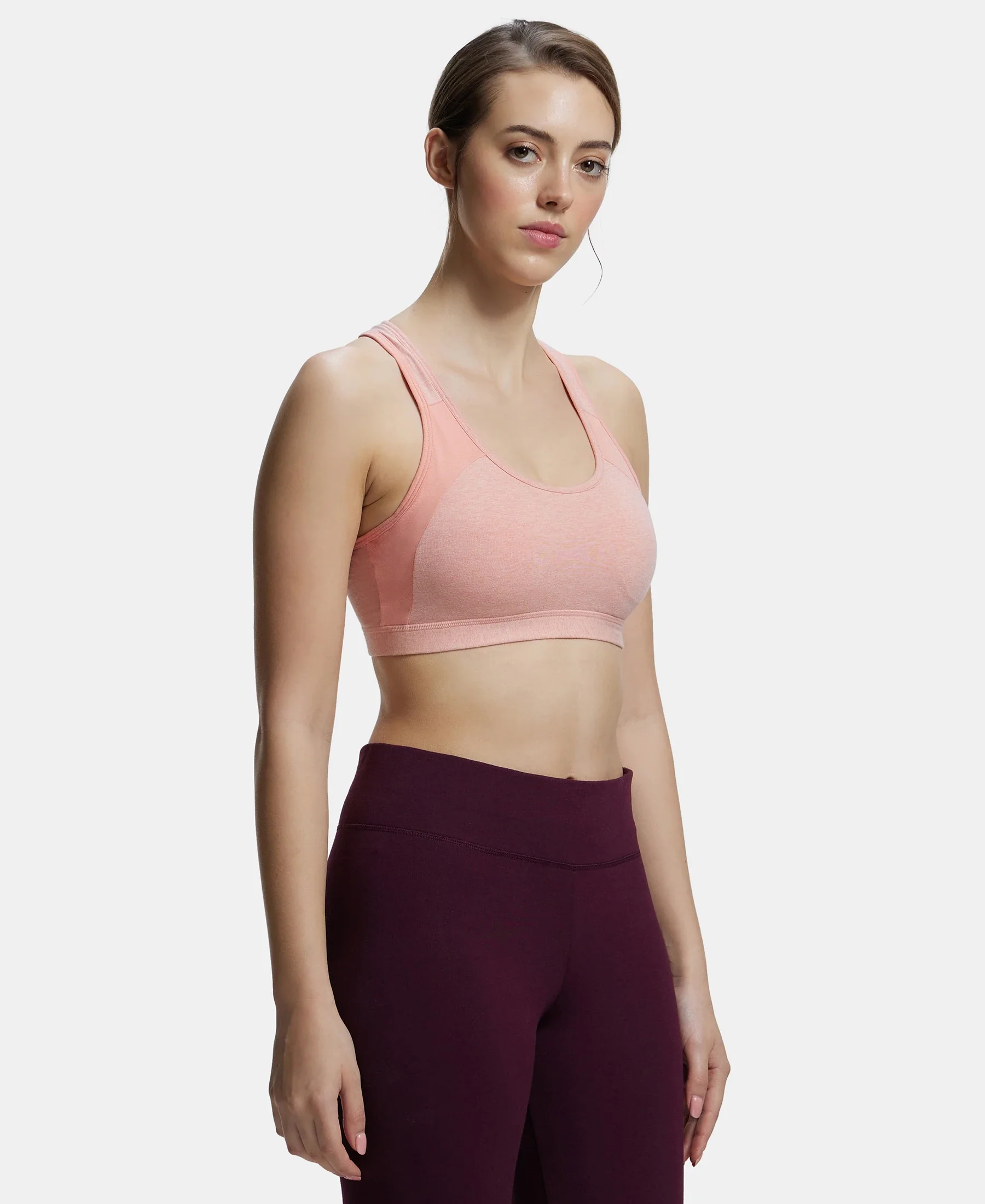 Wirefree Padded Super Combed Cotton Elastane Stretch Full Coverage Racerback Styling Active Bra with StayFresh and Moisture Move Treatment - Desert Flower Melange & Coral - Image 6