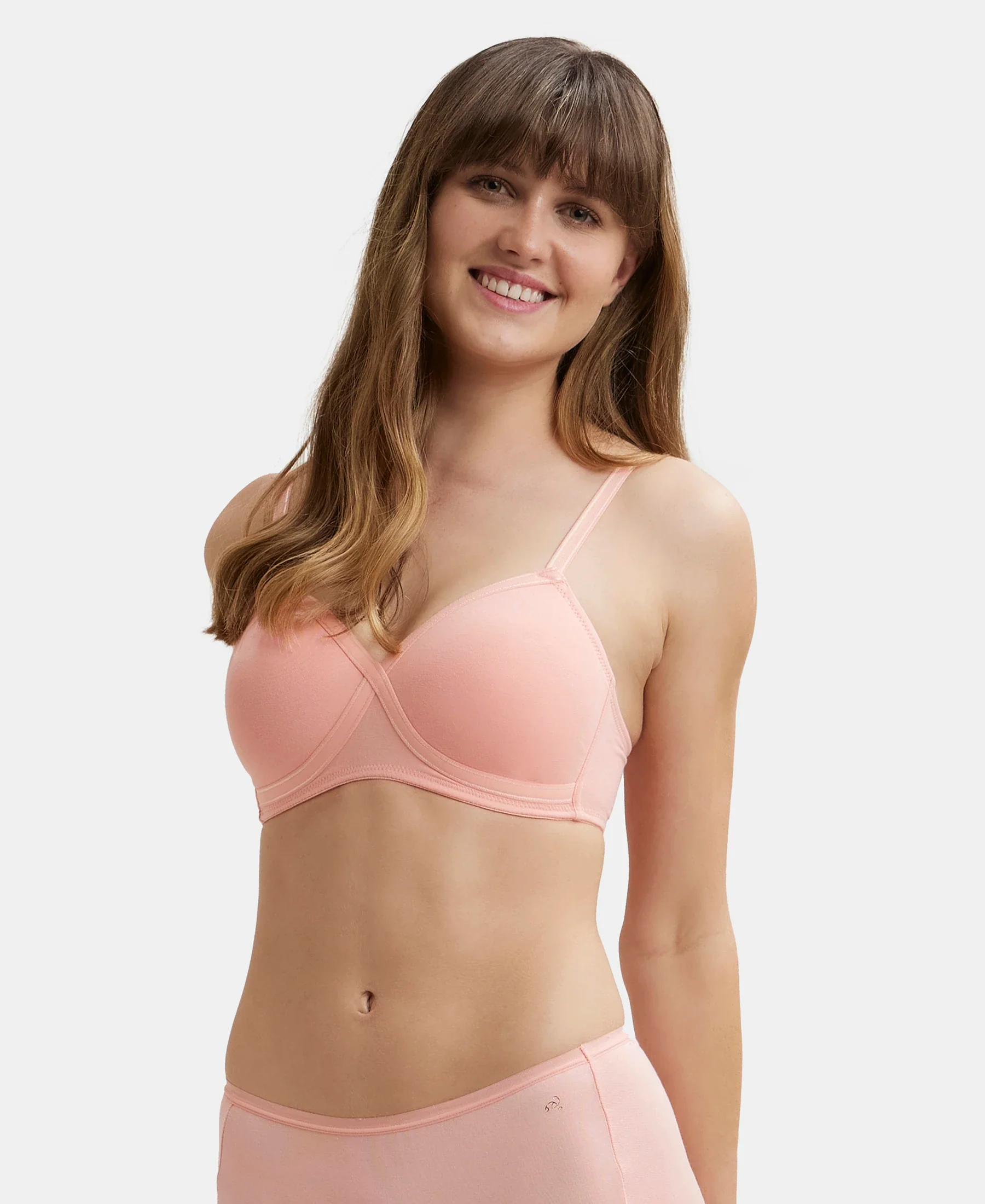 Wirefree Padded Super Combed Cotton Elastane Stretch Full Coverage T-Shirt Bra with Cross Over Fit - Candlelight Peach - Image 5