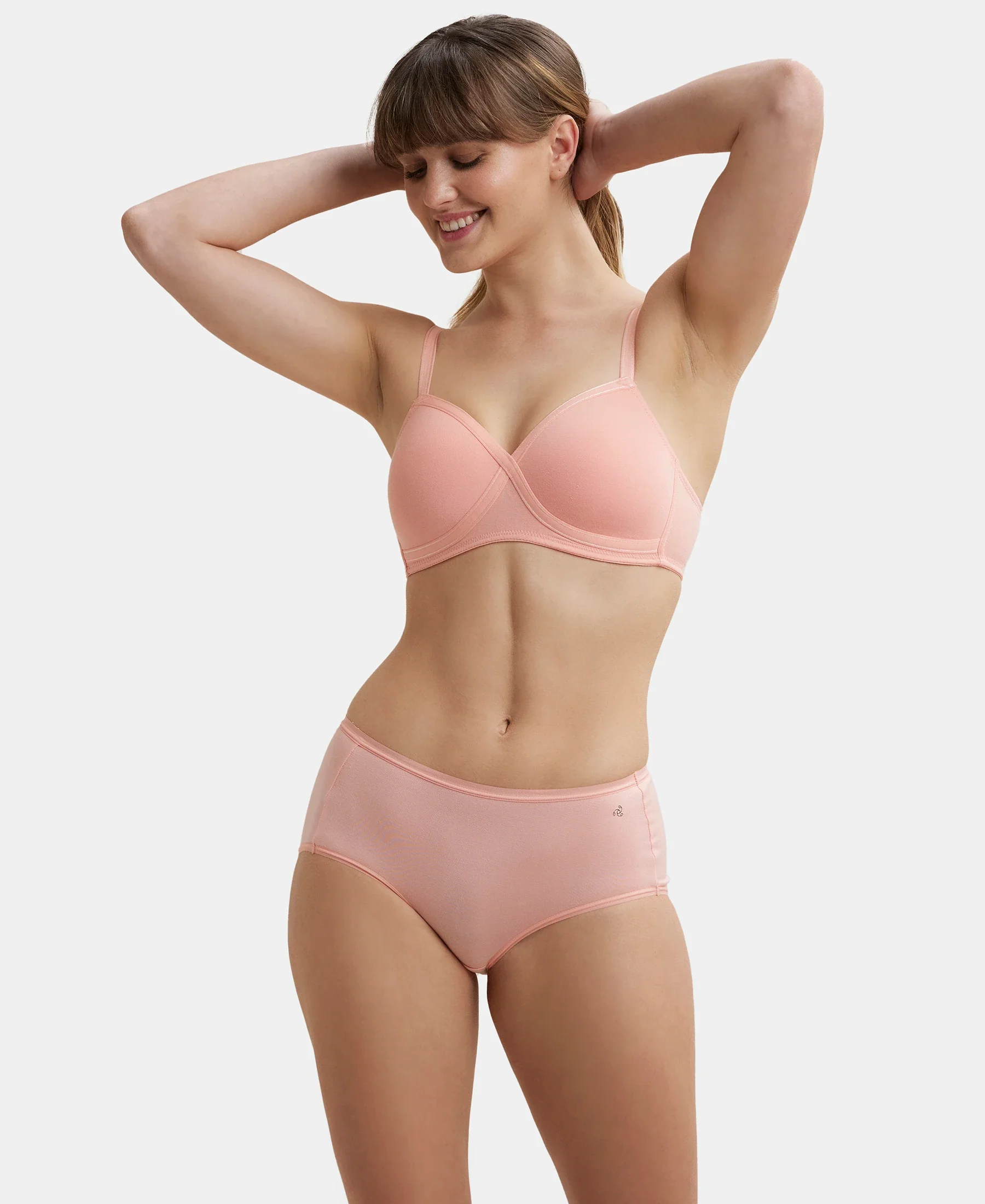 Wirefree Padded Super Combed Cotton Elastane Stretch Full Coverage T-Shirt Bra with Cross Over Fit - Candlelight Peach - Image 6
